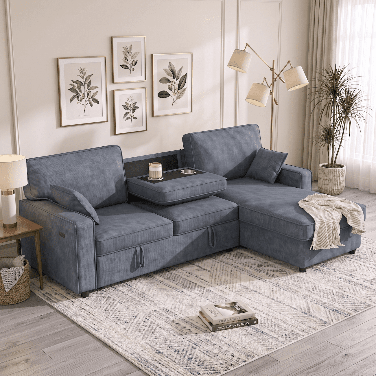 Convertible Sleeper Sofa Bed, 89" L Shaped Sectional Couch with Pull Out Bed, Storage Chaise, Charging Ports & Flip Down Console, Comfy Chenille Upholstered Sofa for Living Room, Navy Blue