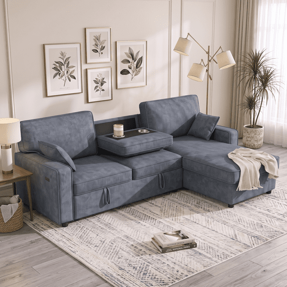 Convertible Sleeper Sofa Bed, 89" L Shaped Sectional Couch with Pull Out Bed, Storage Chaise, Charging Ports & Flip Down Console, Compact Linen Sectional Sofa for Apartment Living Room, Navy Blue