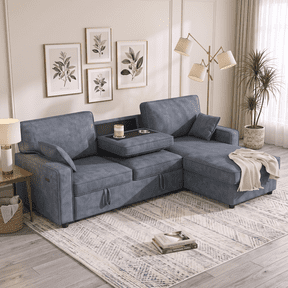 Convertible Sleeper Sofa Bed, 89" L Shaped Sectional Couch with Pull Out Bed, Storage Chaise, Charging Ports & Flip Down Console, Compact Linen Sectional Sofa for Apartment Living Room, Navy Blue