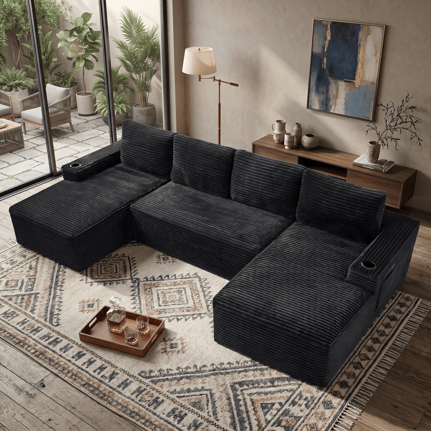 Xiweot 133" Cloud Boneless Sectional Couch, Modular Sectional Sofa with Chaise, U Shaped Memory Foam Corduroy Couch with Cup Holders & Side Pockets, No Assembly Deep Seat Sofa for Living Room, Black