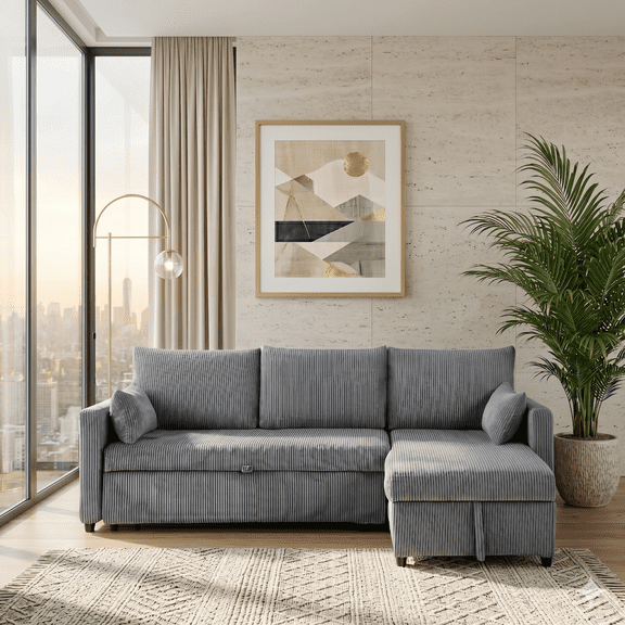 Xiweot 85" Sectional Sofa Bed, L Shaped Sleeper Sofa with Pull Out Bed & Storage Chaise, Corduroy 3 Seat Sectional Couch for Living Room Apartment Small Space (Black) (Gray)