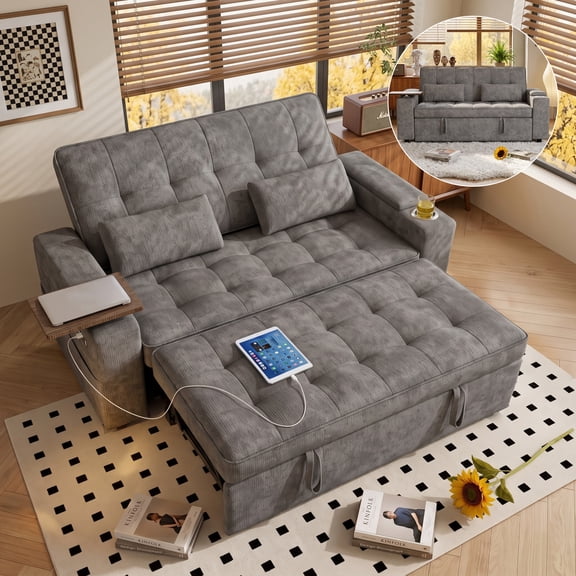 Xiweot 65" Sleeper Sofa Bed, 3-in-1 Convertible Chenille Futon Couch, Loveseat Sofa with Adjustable Backrest, Pull out Couch with Storage Armrest, Table & Pillows for Living Room Apartment (Gray)