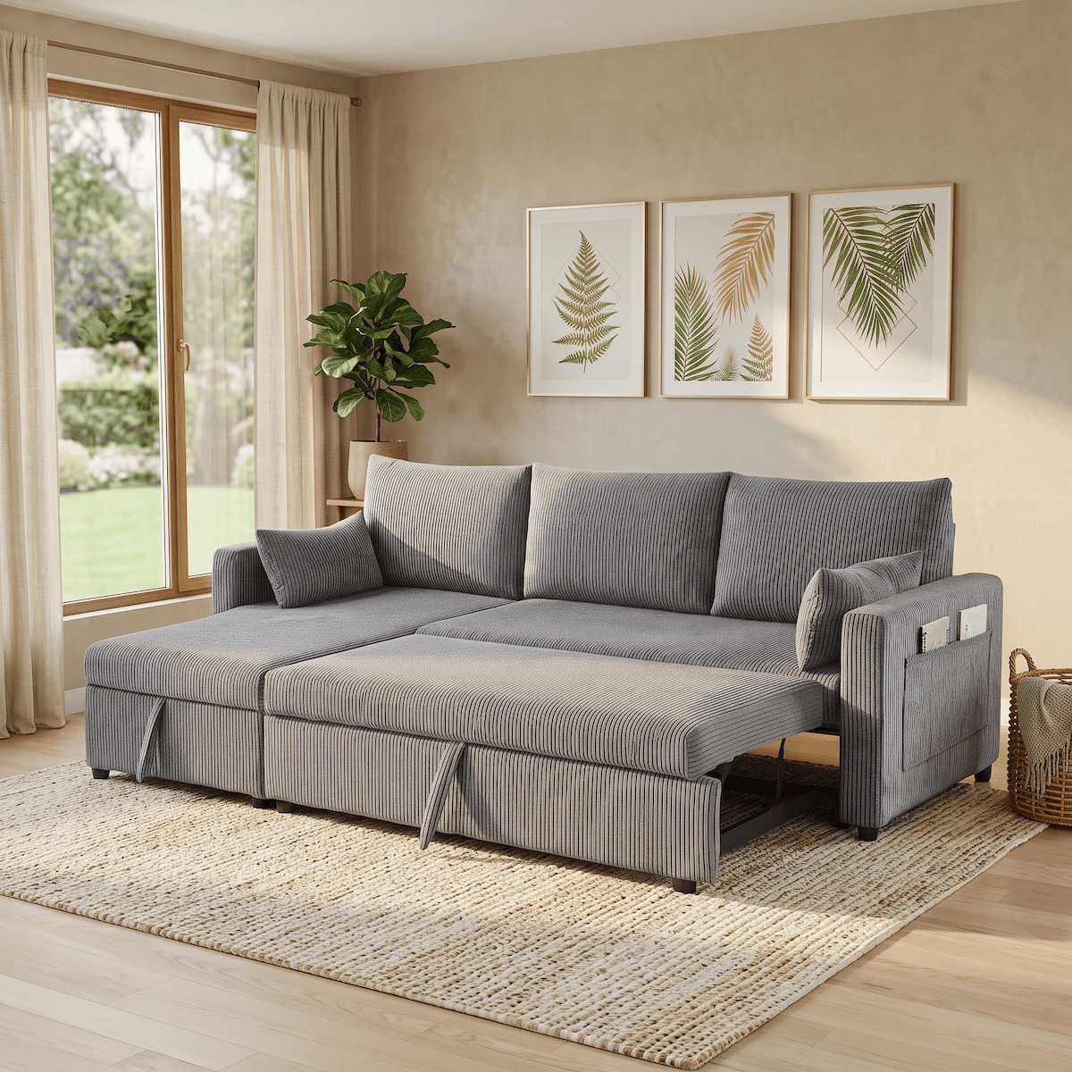 Xiweot 85" Sectional Sofa Bed, L Shaped Sleeper Sofa with Pull Out Bed & Storage Chaise, Corduroy 3 Seat Sectional Couch for Living Room Apartment Small Space (Black) (Gray)