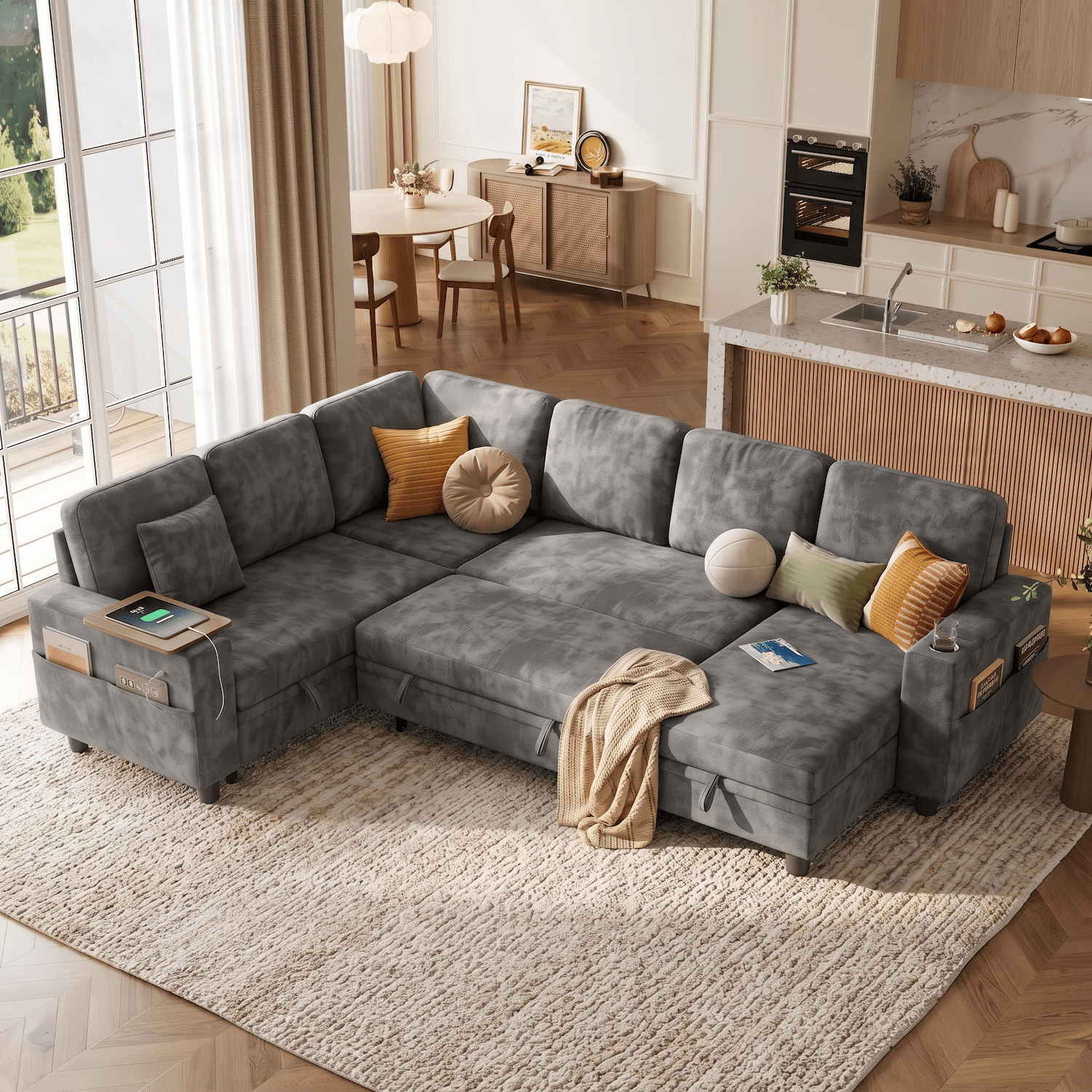 108" Sectional Sleeper Sofa Bed for Living Room, L Shaped Modular Sectional Couch with Pull Out Bed, Large 7 Seater Chenille Sofa with Storage Chaise, Charging Ports, Adjustable Backrest (Dark Gray)