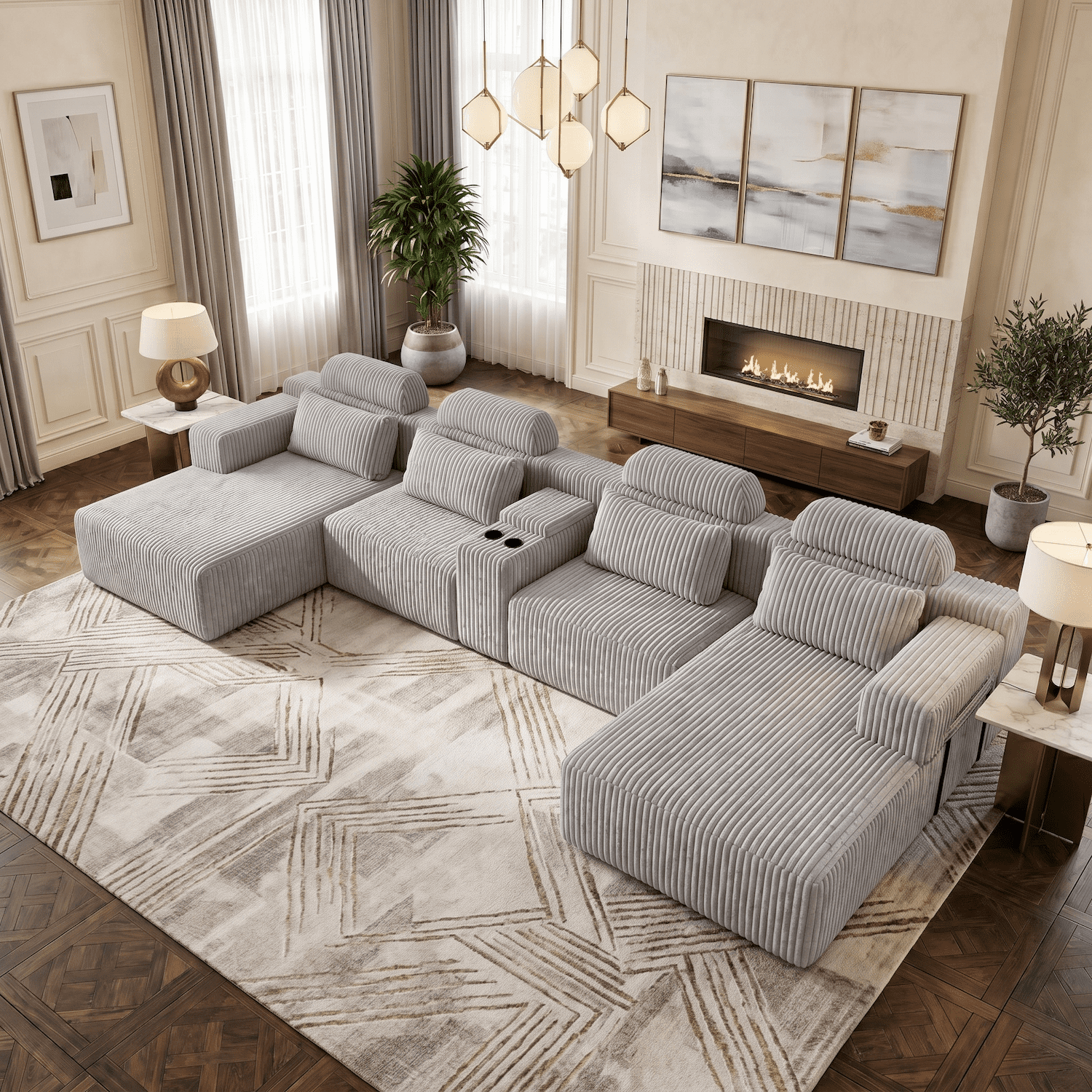 Xiweot Cloud Couch Modular Sectional Sofa, 146" Oversized 6 Seat U Shaped Convertible Couch with Chaise, Cup Holders & Storage, Corduroy Comfy Upholstered Deep Seat Sofa for Living Room, Gray