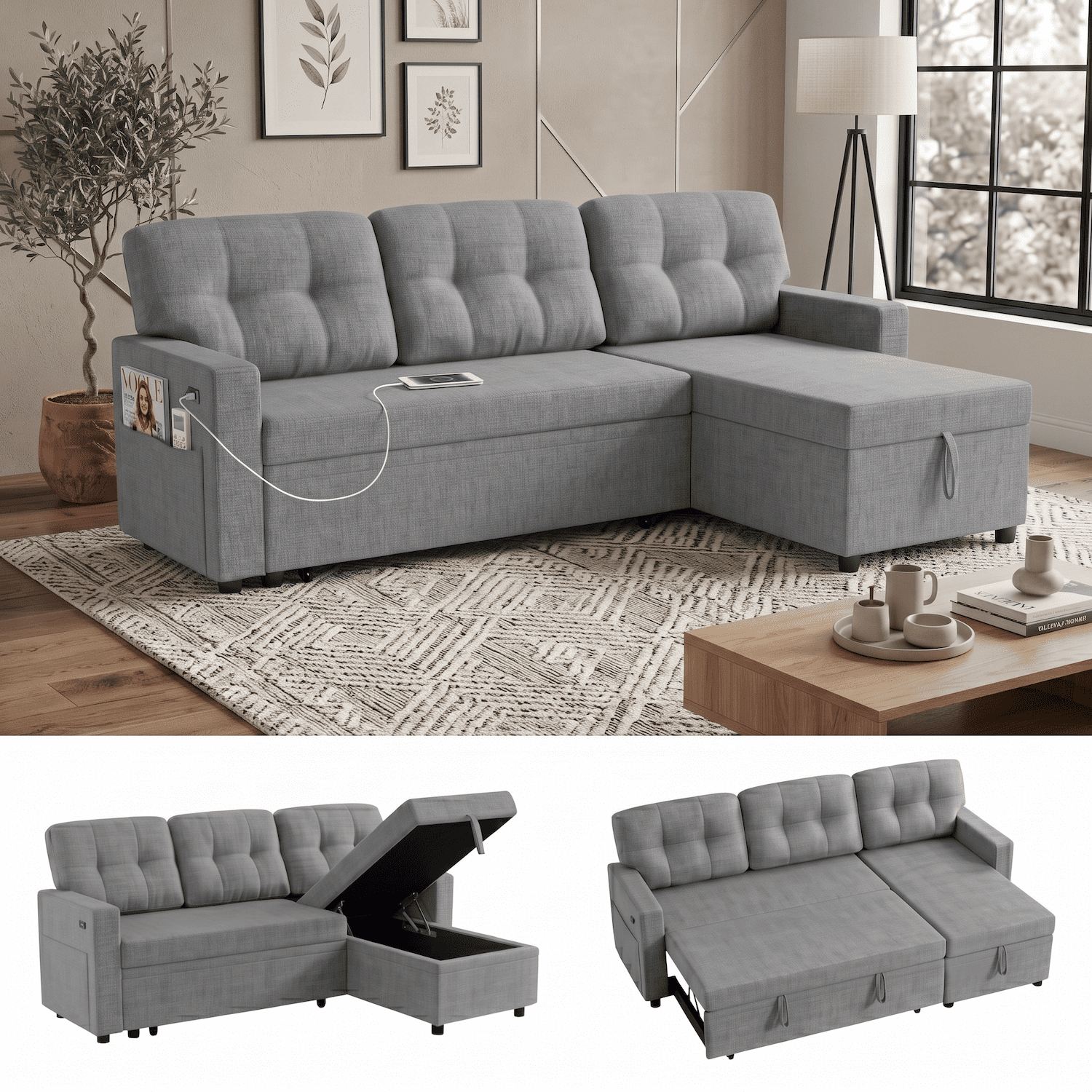 Convertible Sectional Sleeper Sofa Bed, 82" L Shaped Sofa with Pull Out Couch, Reversible Chaise, Storage & Charging Ports, Linen Fabric 3 Seater Couch for Small Spaces Living Room, Light Gray