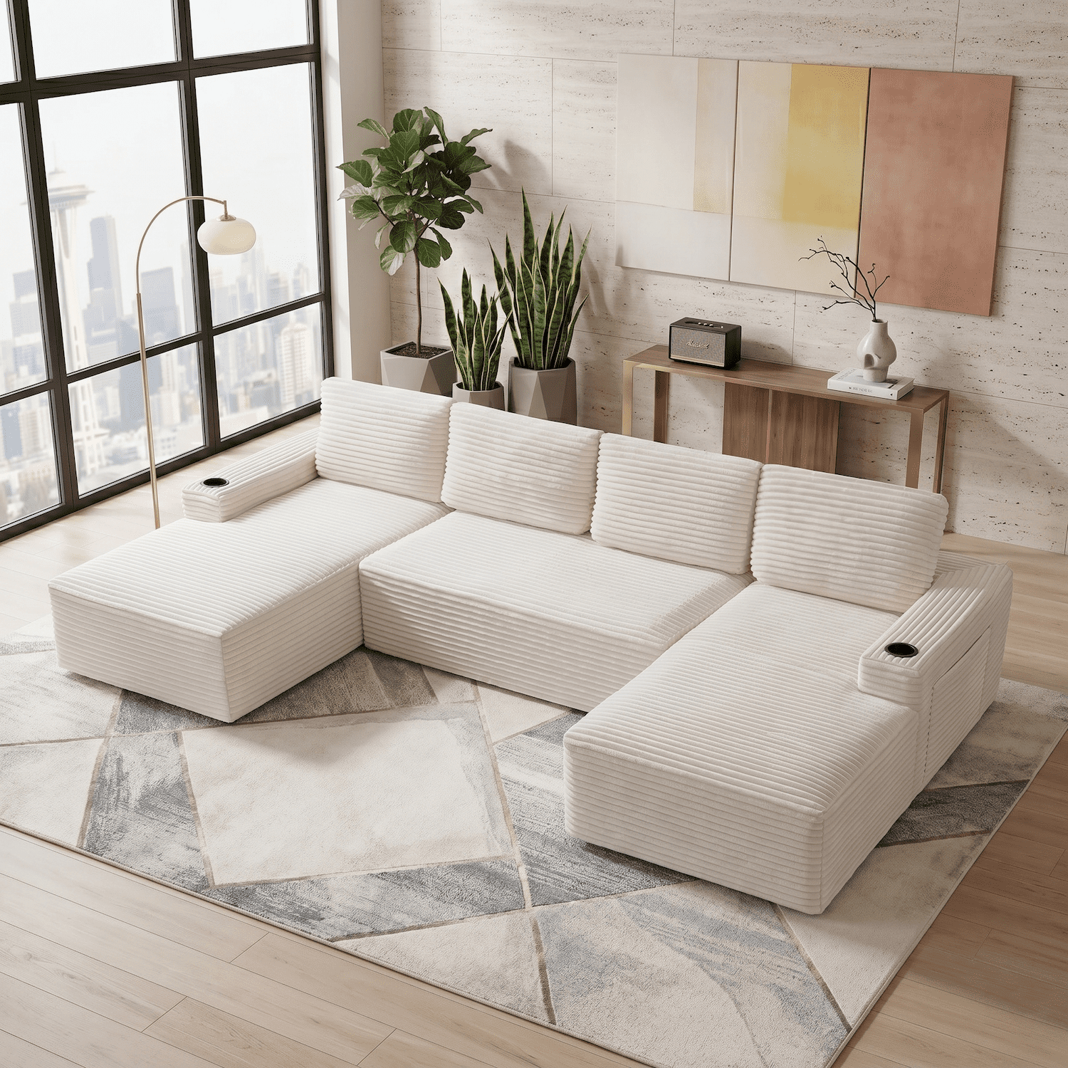 Xiweot 133" Modular Sectional Couches for Living Room, Modern Boneless Sofa with 2 Chaise, Cup Holders & Side Pockets, Corduroy Comfy Upholstered Deep Seat Cloud Couch, No Assembly, Beige