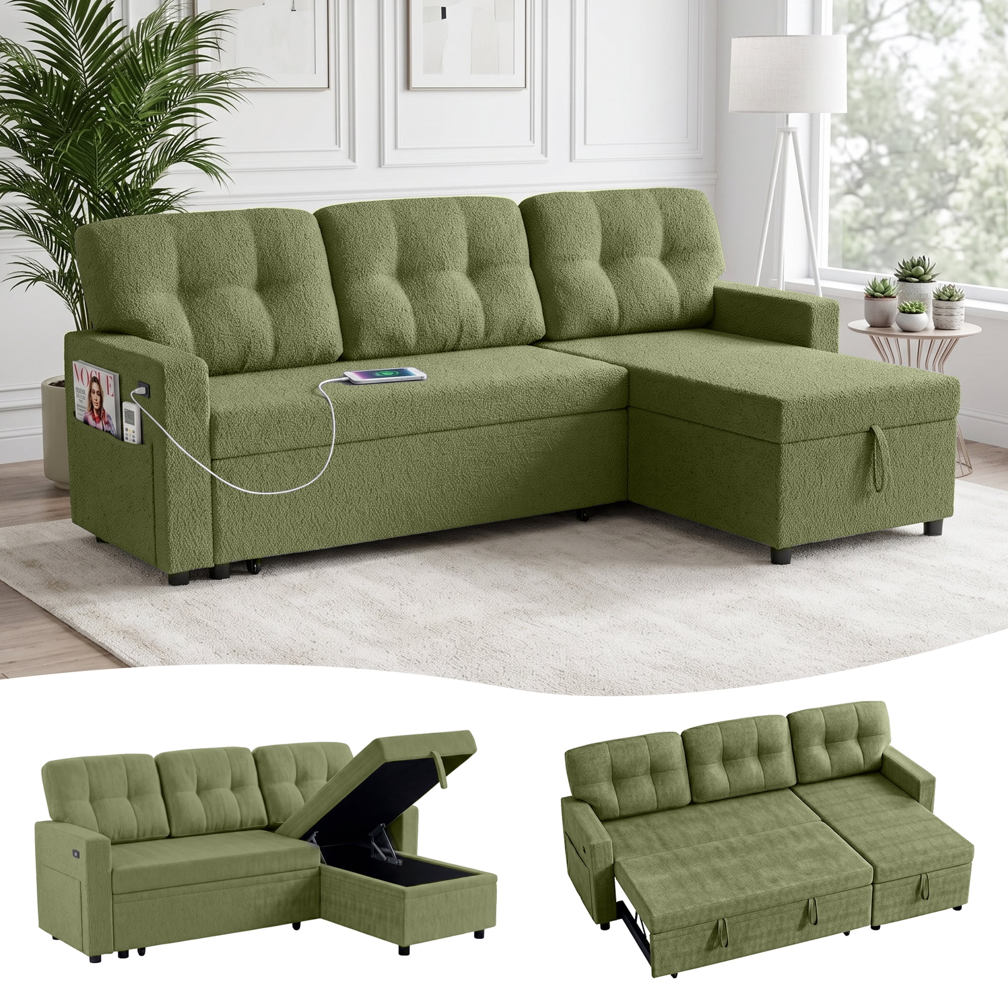 Xiweot Convertible Sleeper Sofa Bed, 82" L Shaped Sectional Couch with Pull Out Bed, Storage Chaise & Reversible Lounge, Teddy Fabric Compact Sectional Sofa for Living Room Apartment (Green)