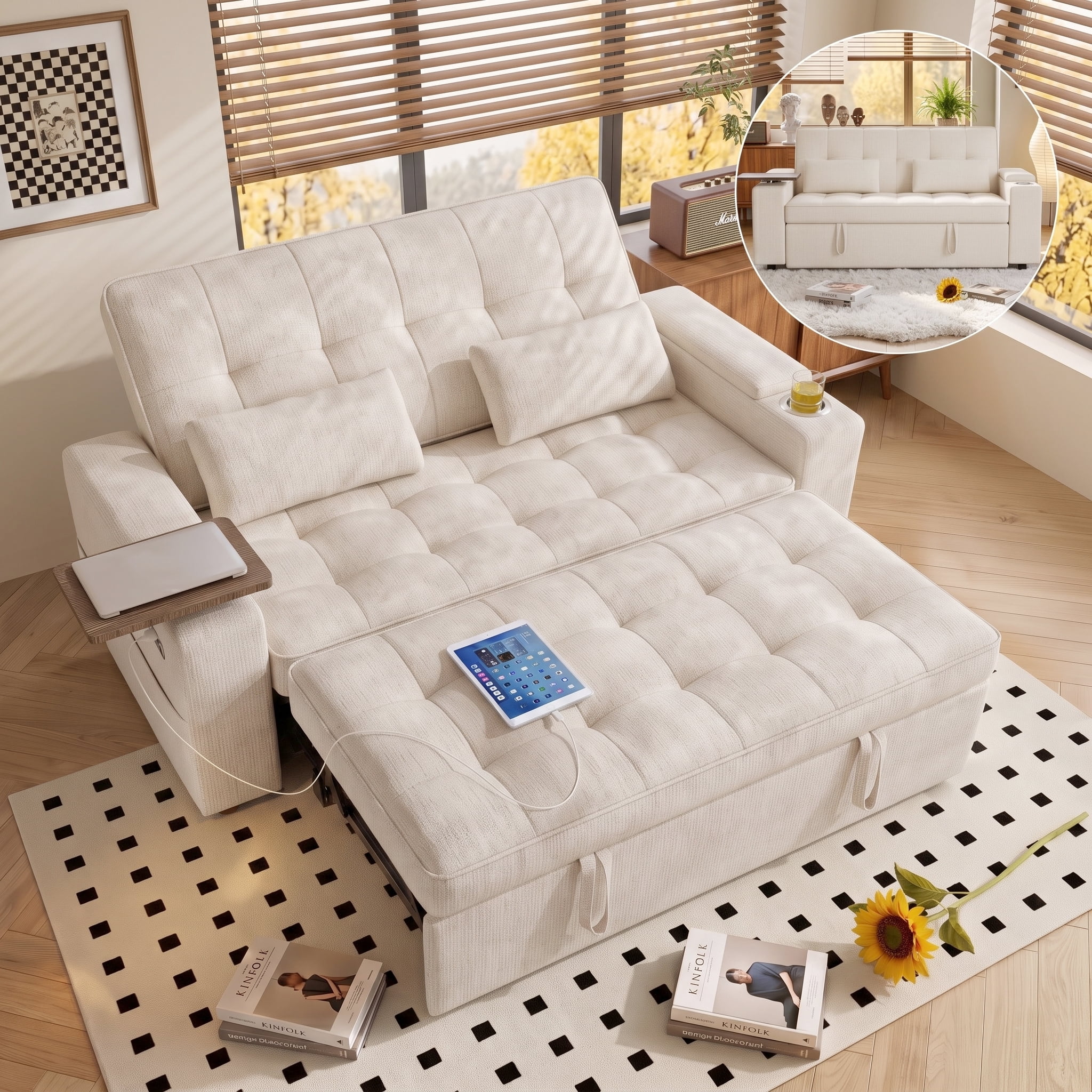 Xiweot 65" Sleeper Sofa Bed, 3-in-1 Convertible Chenille Futon Couch, Loveseat Sofa with Adjustable Backrest, Pull out Couch with Storage Armrest, Table & Pillows for Living Room Apartment (Beige)