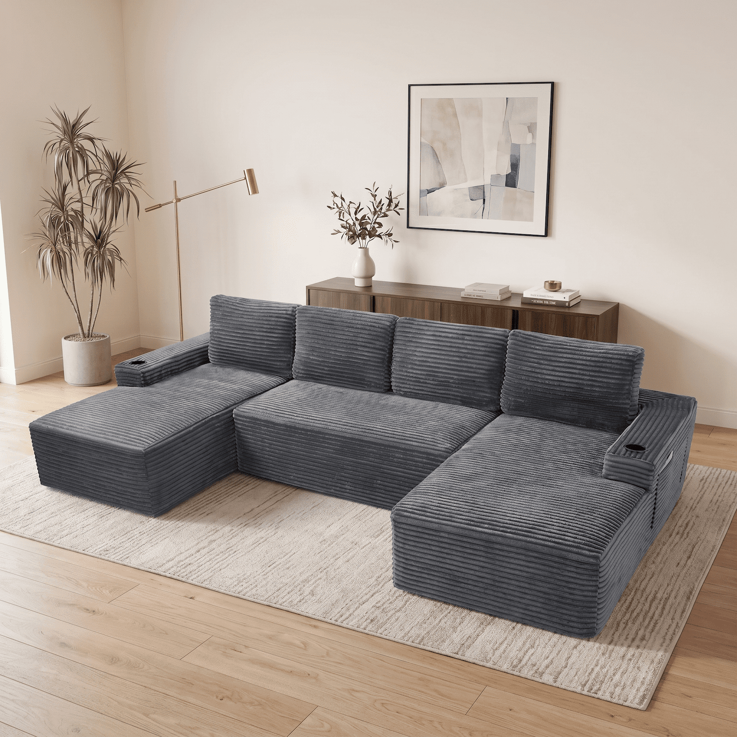Xiweot 133" Cloud Boneless Sectional Couch, Modular Sectional Sofa with Chaise, U Shaped Memory Foam Corduroy Couch with Cup Holders & Side Pockets, No Assembly Deep Seat Sofa for Living Room, Gray