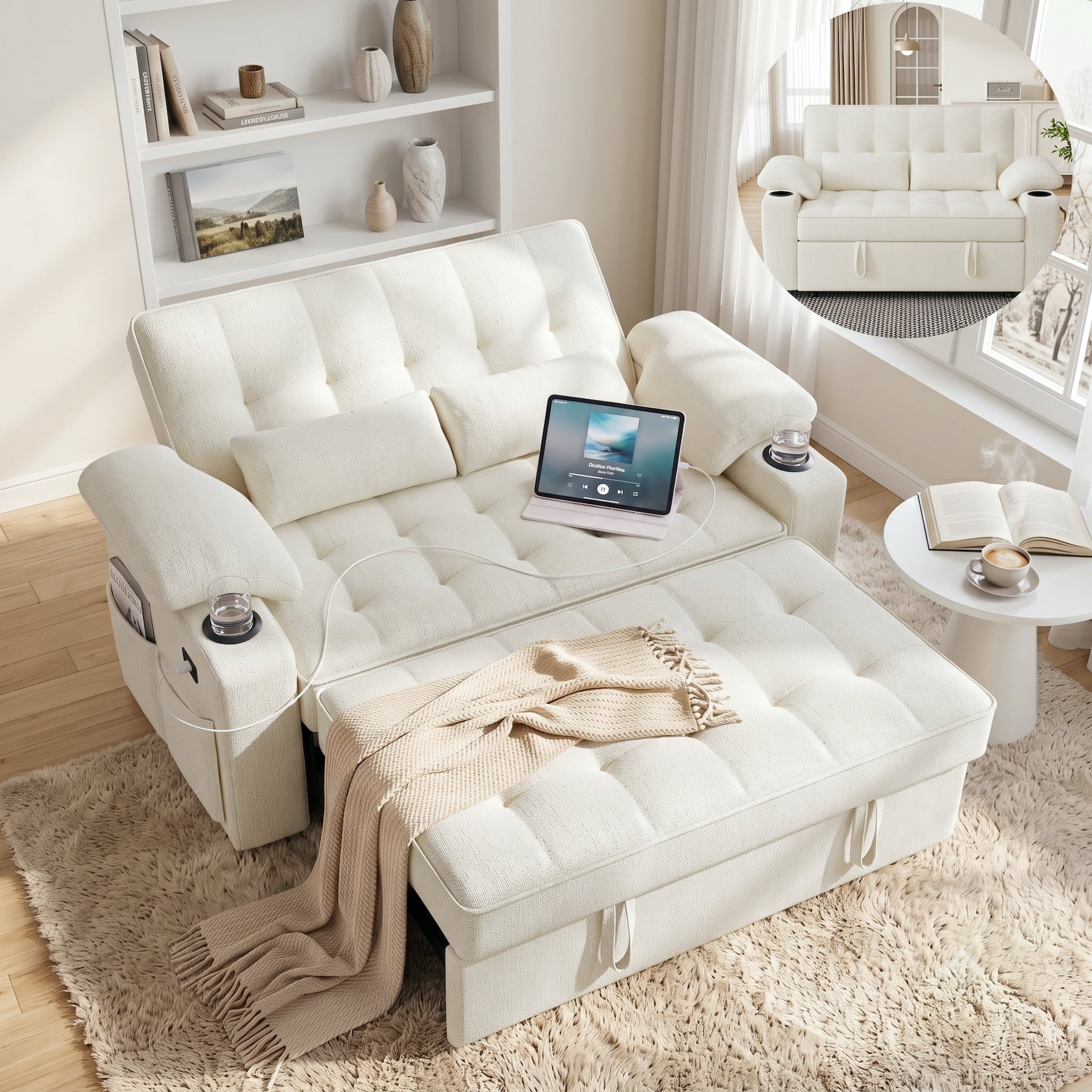 58" Sleeper Sofa Bed, Full Size Pull Out Couch, Towel Fabric Convertible Loveseat with USB Charging, Cup Holders, Adjustable Backrest & Side Pockets for Living Room, Apartment, Office (Beige)