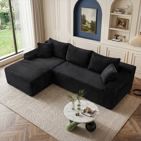95" Cloud Sectional Boneless Couches for Living Room, Modular L Shaped Couch with Deep Seat Left Facing Chaise & Side Pockets, Corduroy Memory Foam 3 Seater Sofa for Apartment, No Assembly, Black
