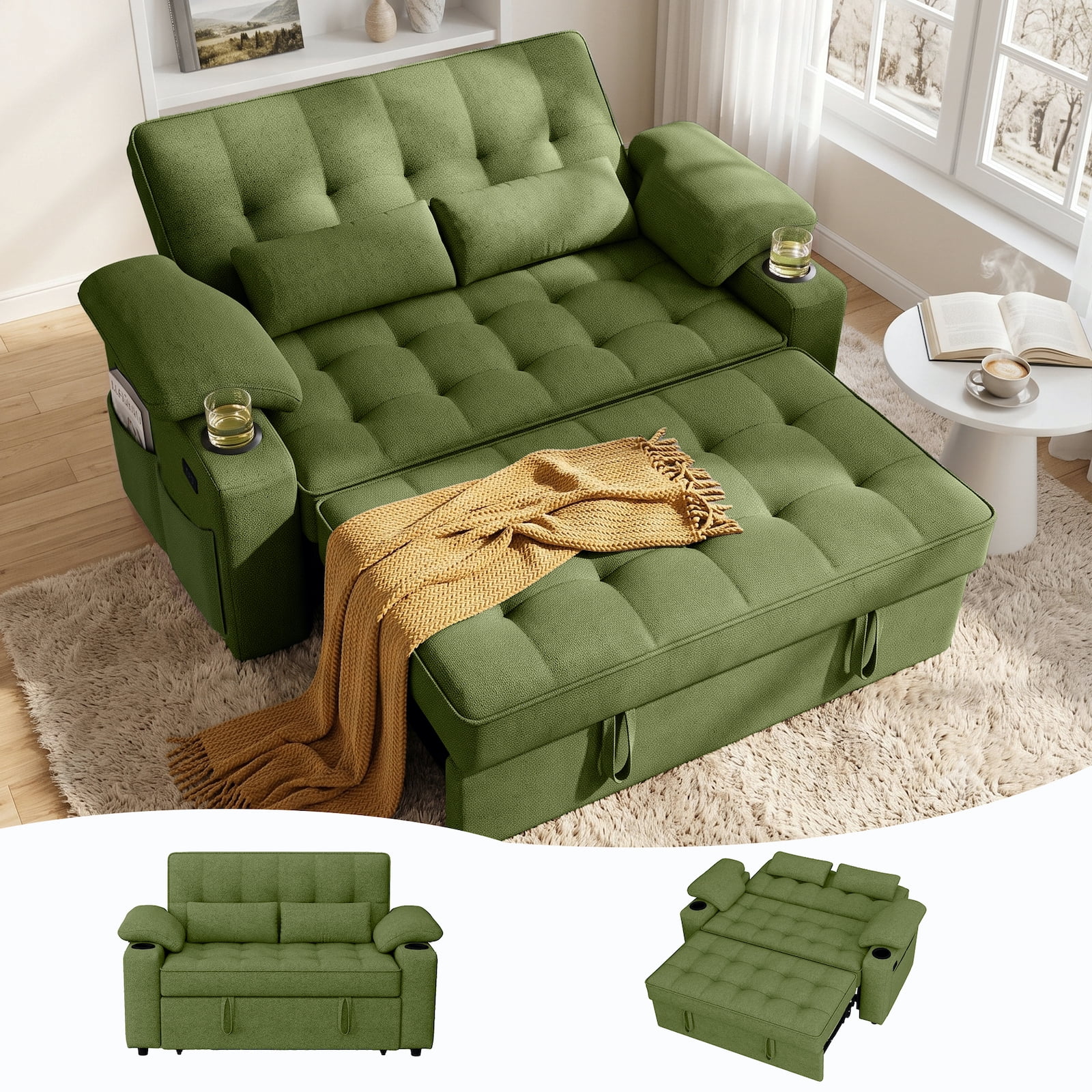 58" Convertible Sleeper Sofa Bed, Full Size Pull Out Couch with USB Charging, Cup Holders, Adjustable Backrest & Side Pockets, Towel Fabric Loveseat for Living Room, Apartment, Office (Green)