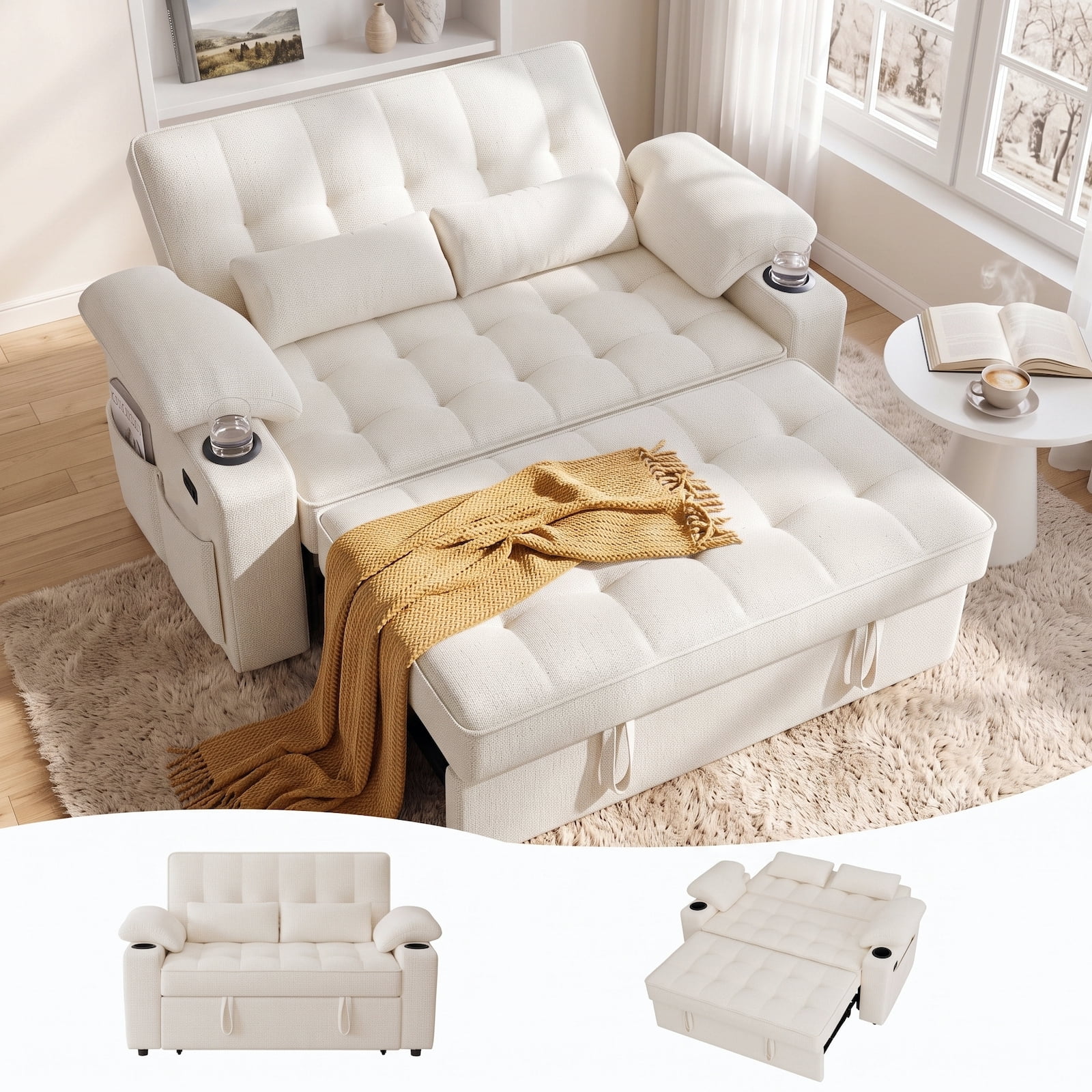 58" Convertible Sleeper Sofa Bed, Full Size Pull Out Couch with USB Charging, Cup Holders, Adjustable Backrest & Side Pockets, Towel Fabric Loveseat for Living Room, Apartment, Office (Beige)