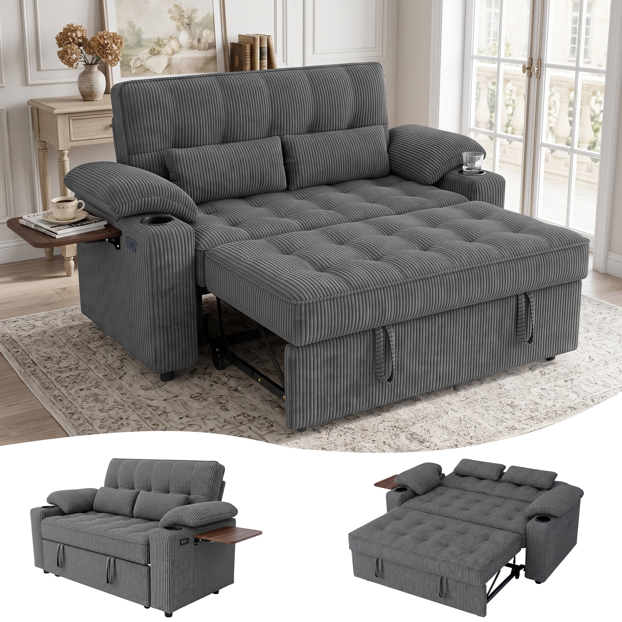 58" Convertible Sleeper Sofa Bed, Full Size Pull Out Couch with USB Charging, Cup Holders, Side Table, Adjustable Backrest, Corduroy Loveseat for Living Room, Apartment, Office (Gray)