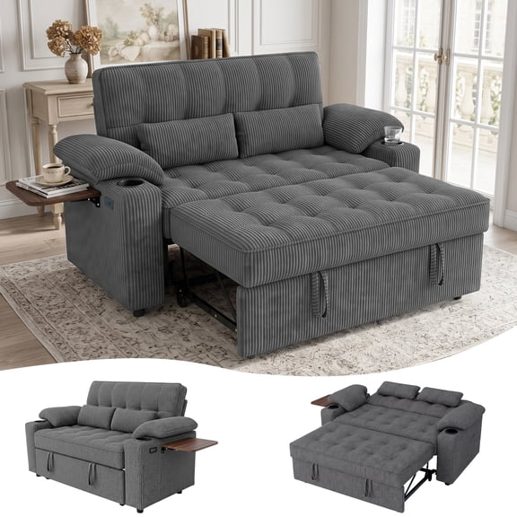 58" Convertible Sleeper Sofa Bed, Full Size Pull Out Couch with USB Charging, Cup Holders, Side Table, Adjustable Backrest, Corduroy Loveseat for Living Room, Apartment, Office (Gray)
