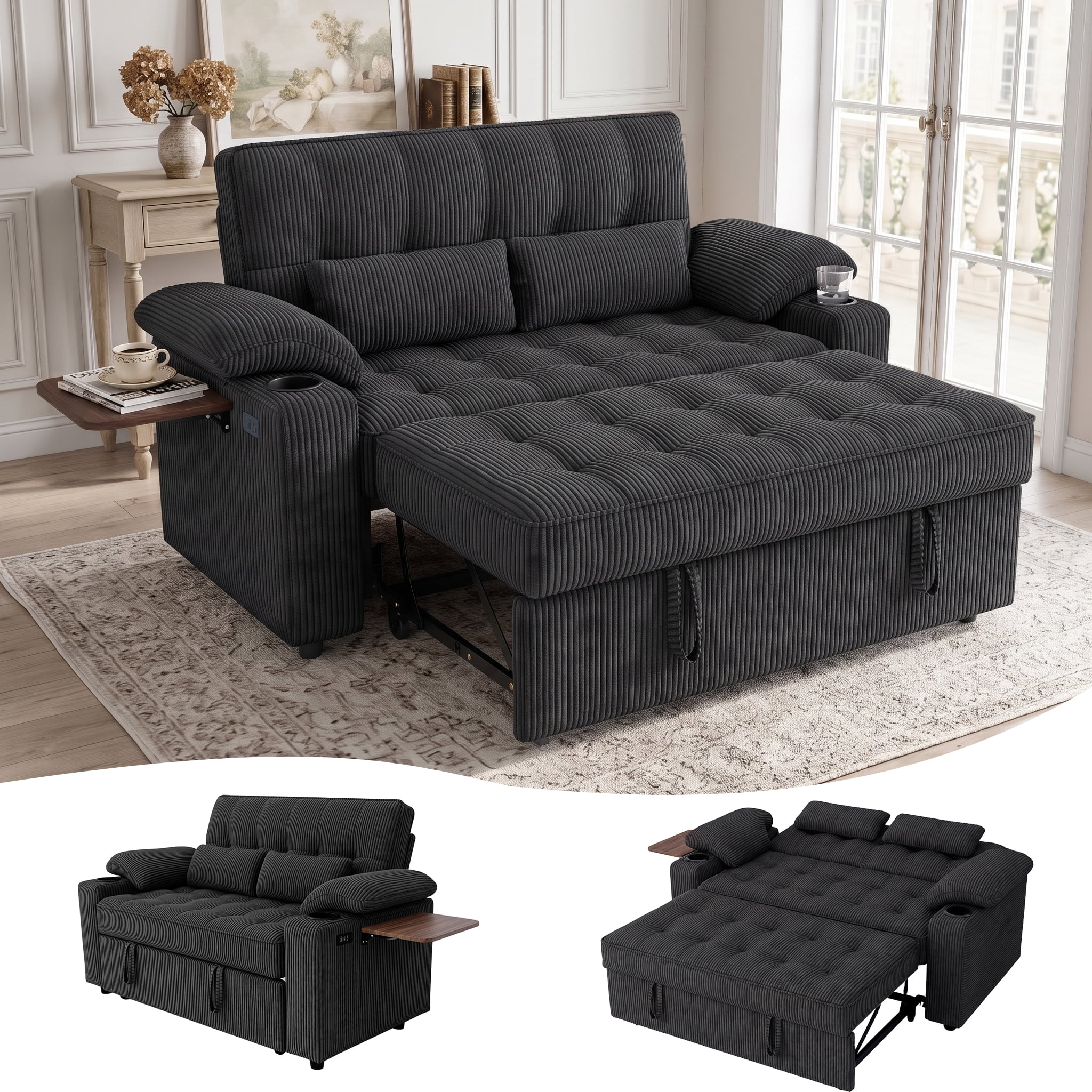 58" Convertible Sleeper Sofa Bed, Full Size Pull Out Couch with USB Charging, Cup Holders, Side Table, Adjustable Backrest, Corduroy Loveseat for Living Room, Apartment, Office (Black)
