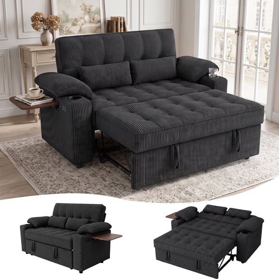 58" Convertible Sleeper Sofa Bed, Full Size Pull Out Couch with USB Charging, Cup Holders, Side Table, Adjustable Backrest, Corduroy Loveseat for Living Room, Apartment, Office (Black)