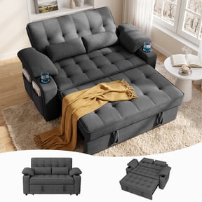 58" Convertible Sleeper Sofa Bed, Full Size Pull Out Couch with USB Charging, Cup Holders, Adjustable Backrest & Side Pockets, Towel Fabric Loveseat for Living Room, Apartment, Office (Dark Gray)