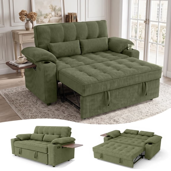 58" Convertible Sleeper Sofa Bed, Full Size Pull Out Couch with USB Charging, Cup Holders, Side Table, Adjustable Backrest, Corduroy Loveseat for Living Room, Apartment, Office (Green)