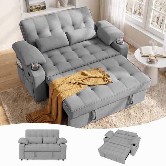 58" Convertible Sleeper Sofa Bed, Full Size Pull Out Couch with USB Charging, Cup Holders, Adjustable Backrest & Side Pockets, Towel Fabric Loveseat for Living Room, Apartment, Office (Light Gray)