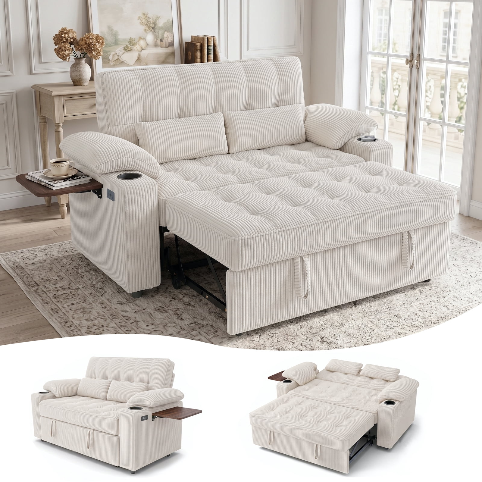 58" Convertible Sleeper Sofa Bed, Full Size Pull Out Couch with USB Charging, Cup Holders, Side Table, Adjustable Backrest, Corduroy Loveseat for Living Room, Apartment, Office (Beige)