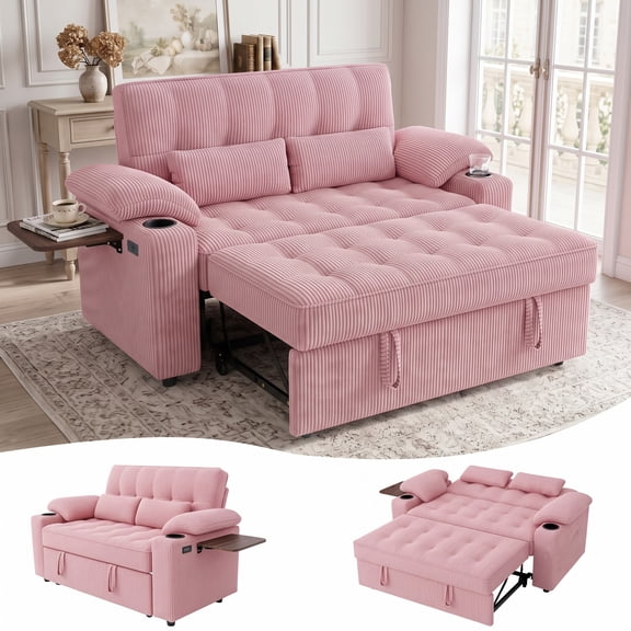 58" Convertible Sleeper Sofa Bed, Full Size Pull Out Couch with USB Charging, Cup Holders, Side Table, Adjustable Backrest, Corduroy Loveseat for Living Room, Apartment, Office (Pink)