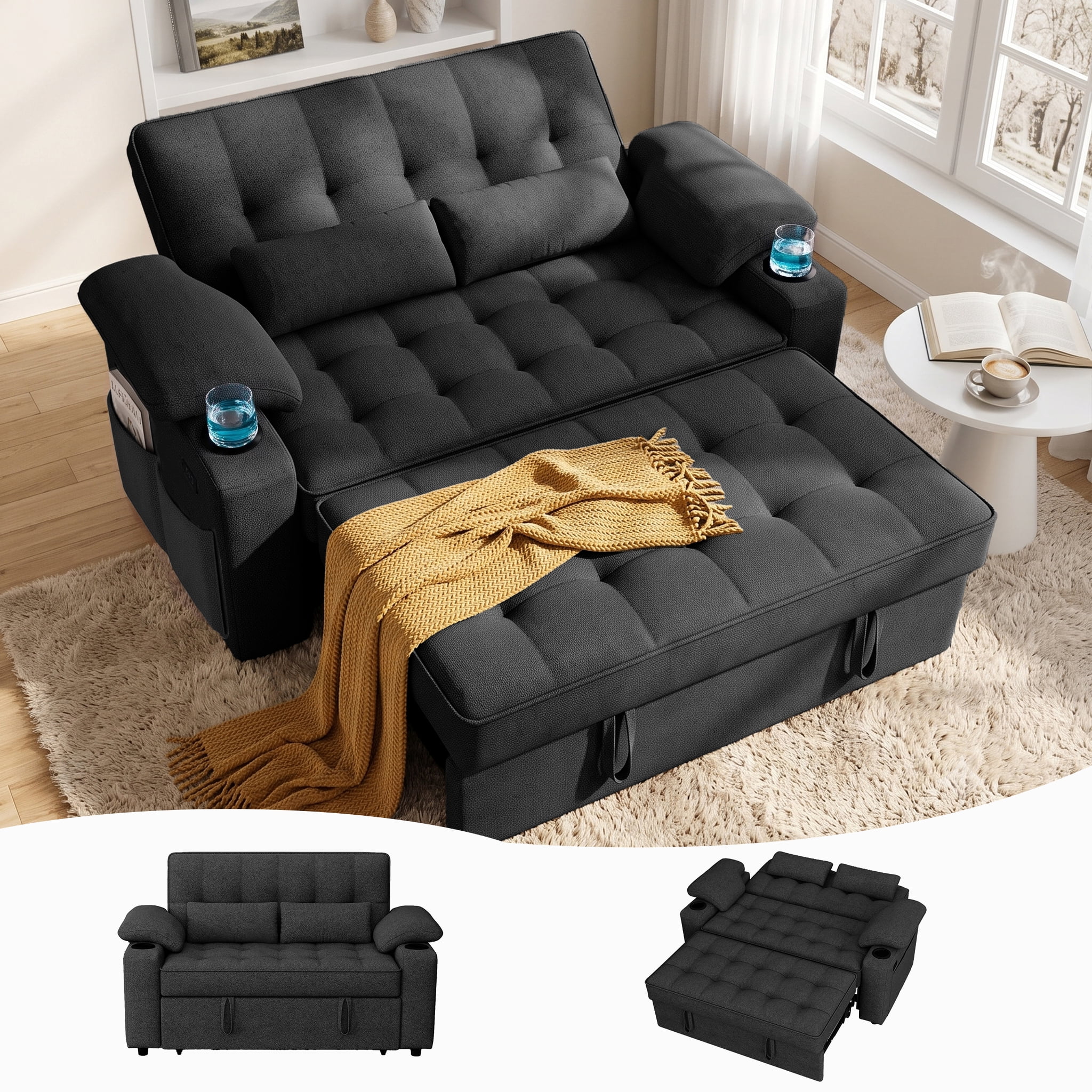 58" Convertible Sleeper Sofa Bed, Full Size Pull Out Couch with USB Charging, Cup Holders, Adjustable Backrest & Side Pockets, Towel Fabric Loveseat for Living Room, Apartment, Office (Black)