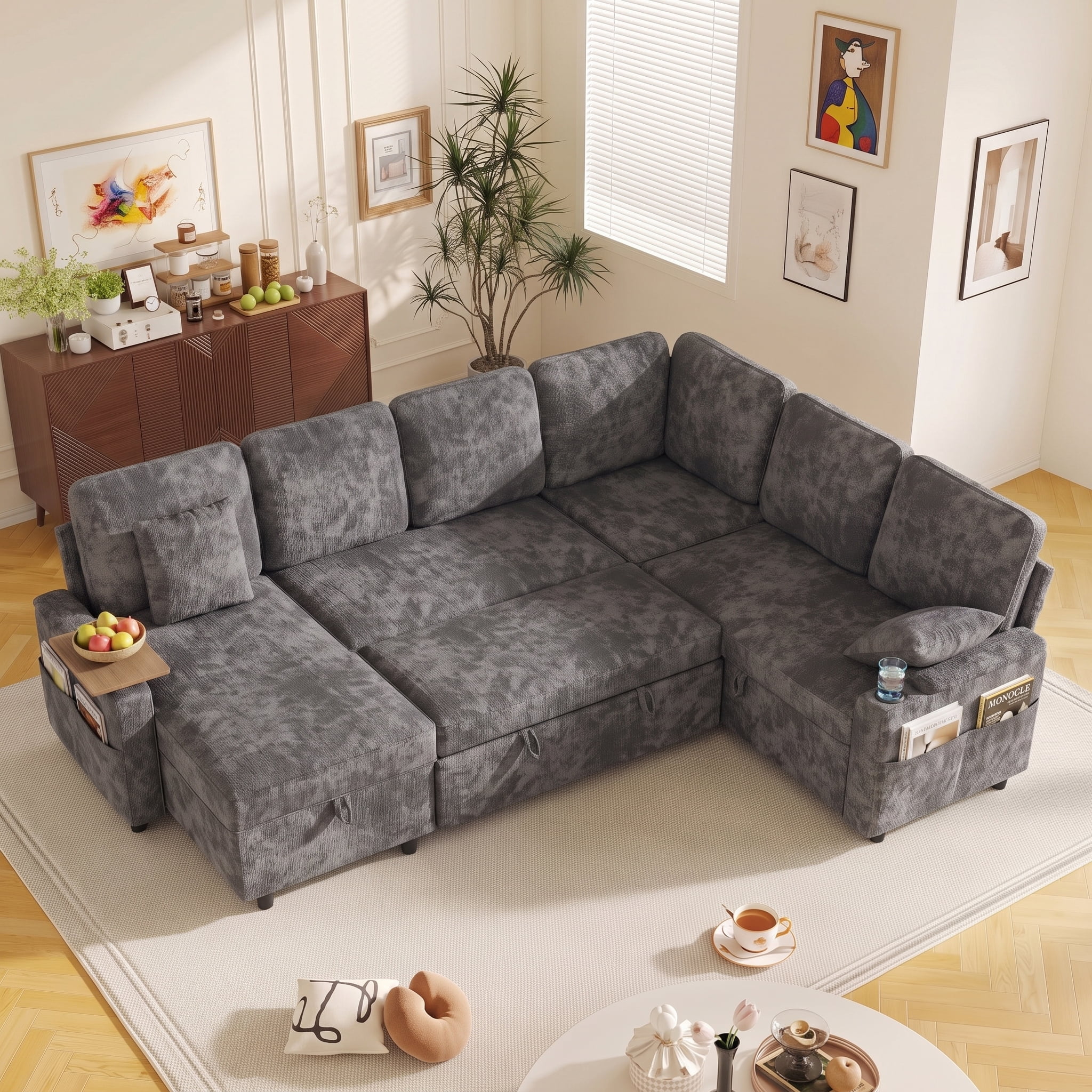 Xiweot 108" Modular Sectional Sleeper Sofa with Pull Out Couch, L Shaped Sofa Bed with Storage Chaise, Adjustable Backrest, USB Ports & Small Table, 7 Seaters Chenille Sofa for Living Room (Gray)