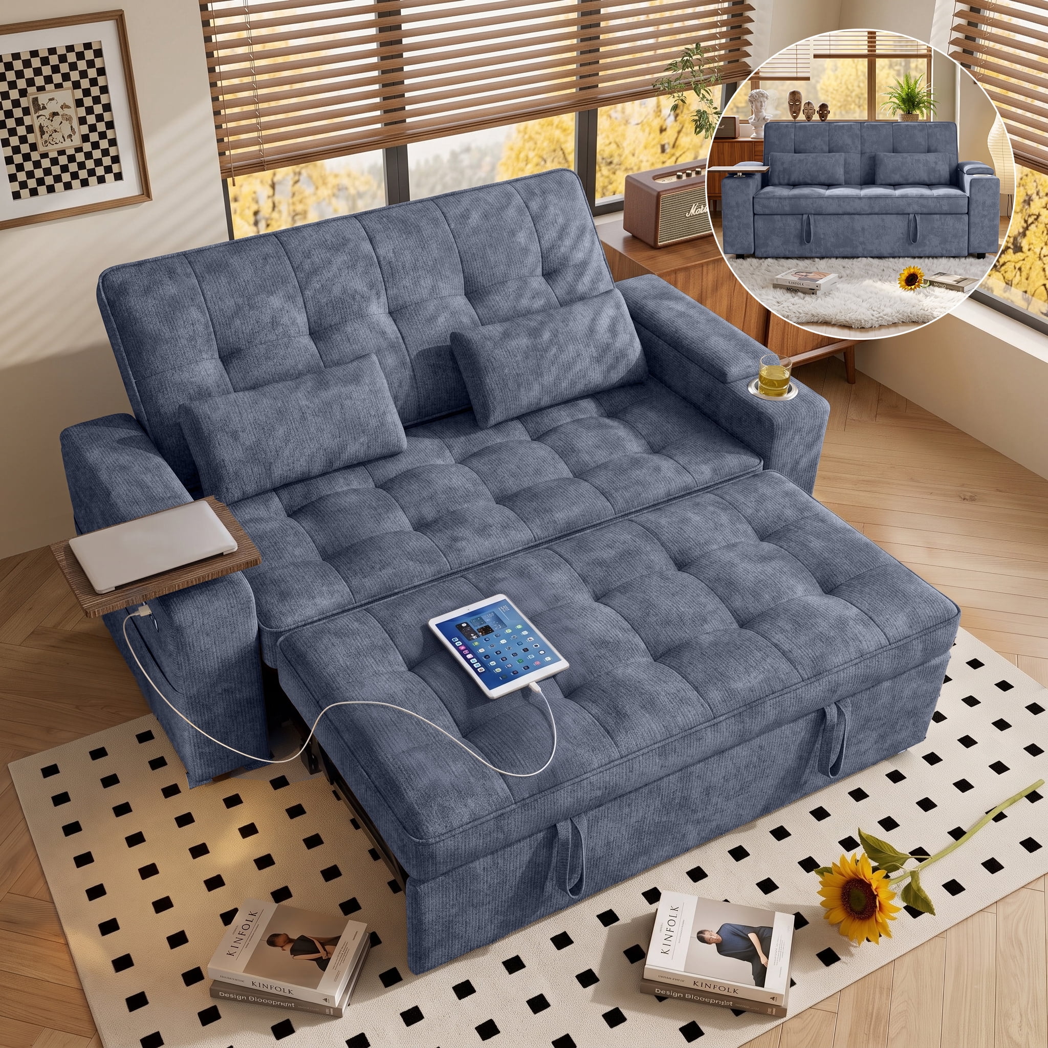 Xiweot 65" Sleeper Sofa Bed, 3-in-1 Convertible Chenille Futon Couch, Loveseat Sofa with Adjustable Backrest, Pull out Couch with Storage Armrest, Table & Pillows for Living Room Apartment (Blue)