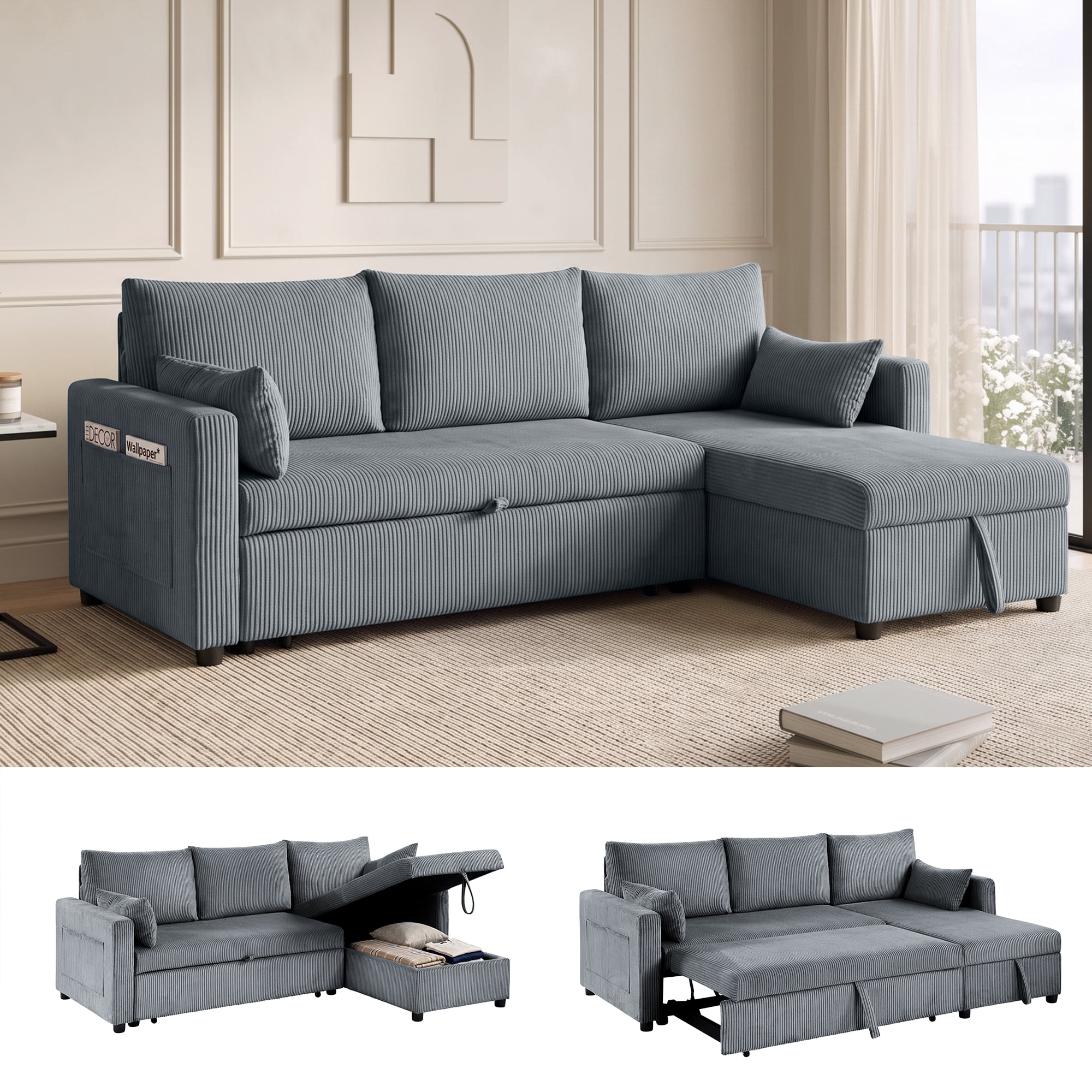 Xiweot Convertible Sectional Sleeper Sofa Bed, 85" L Shaped Couch with Pull Out Bed, Side Pockets & Storage Chaise, Corduroy 3 Seater Sectional Couch for Living Room Apartment (Gray)
