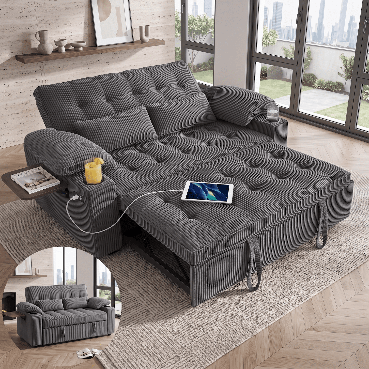 58" Convertible Sleeper Sofa Bed, Full Size Pull Out Couch with USB Charging, Cup Holders, Side Table, Adjustable Backrest, Corduroy Loveseat for Living Room, Apartment, Office (Dark Gray)