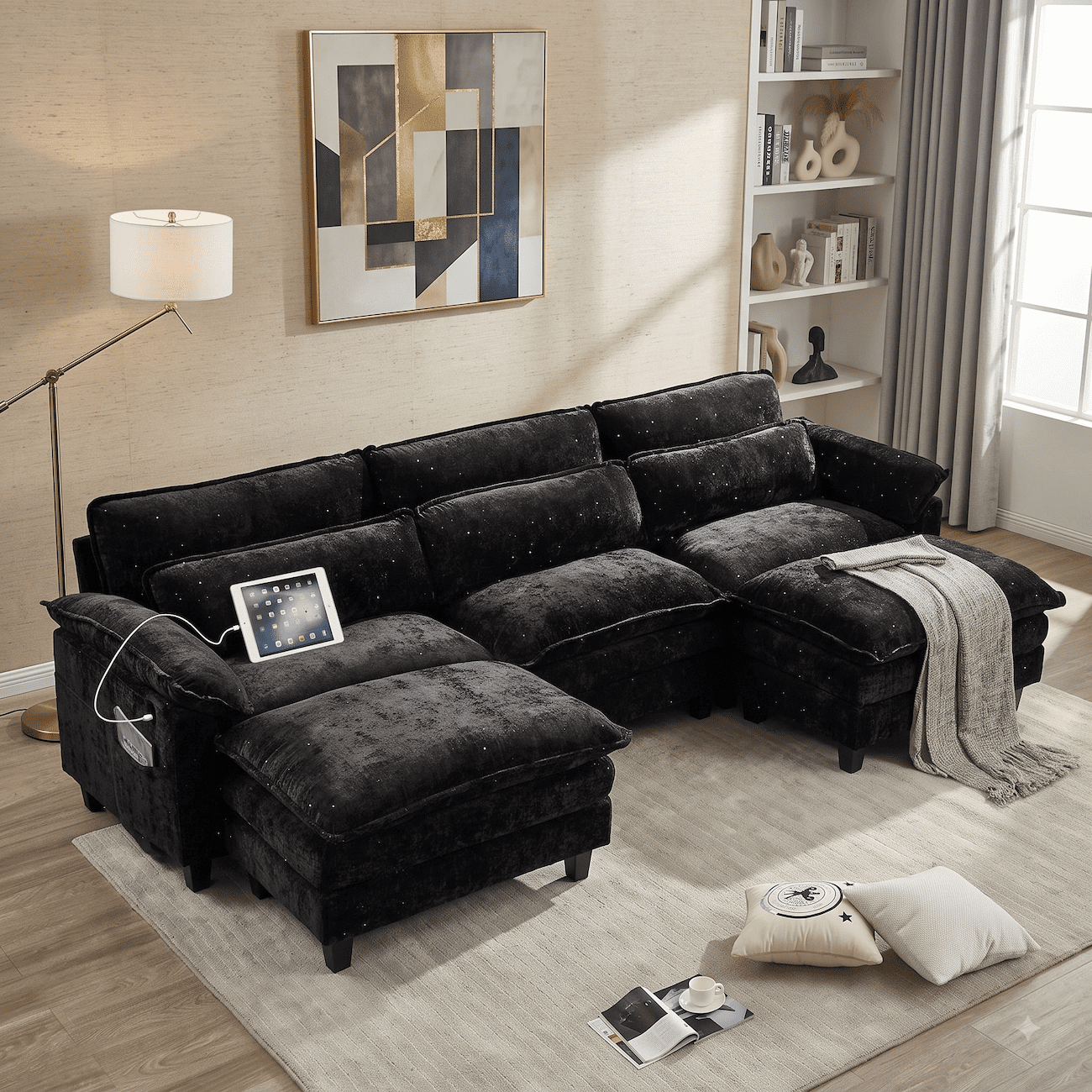 113" Cloud Sectional Modular Sofa, Modern Chenille L Shaped Couch with Reversible Chaise, Deep Seat 5 Seat Sectional Sofa with Pillows, Comfy Upholstered Couch for Living Room Apartment (Black)