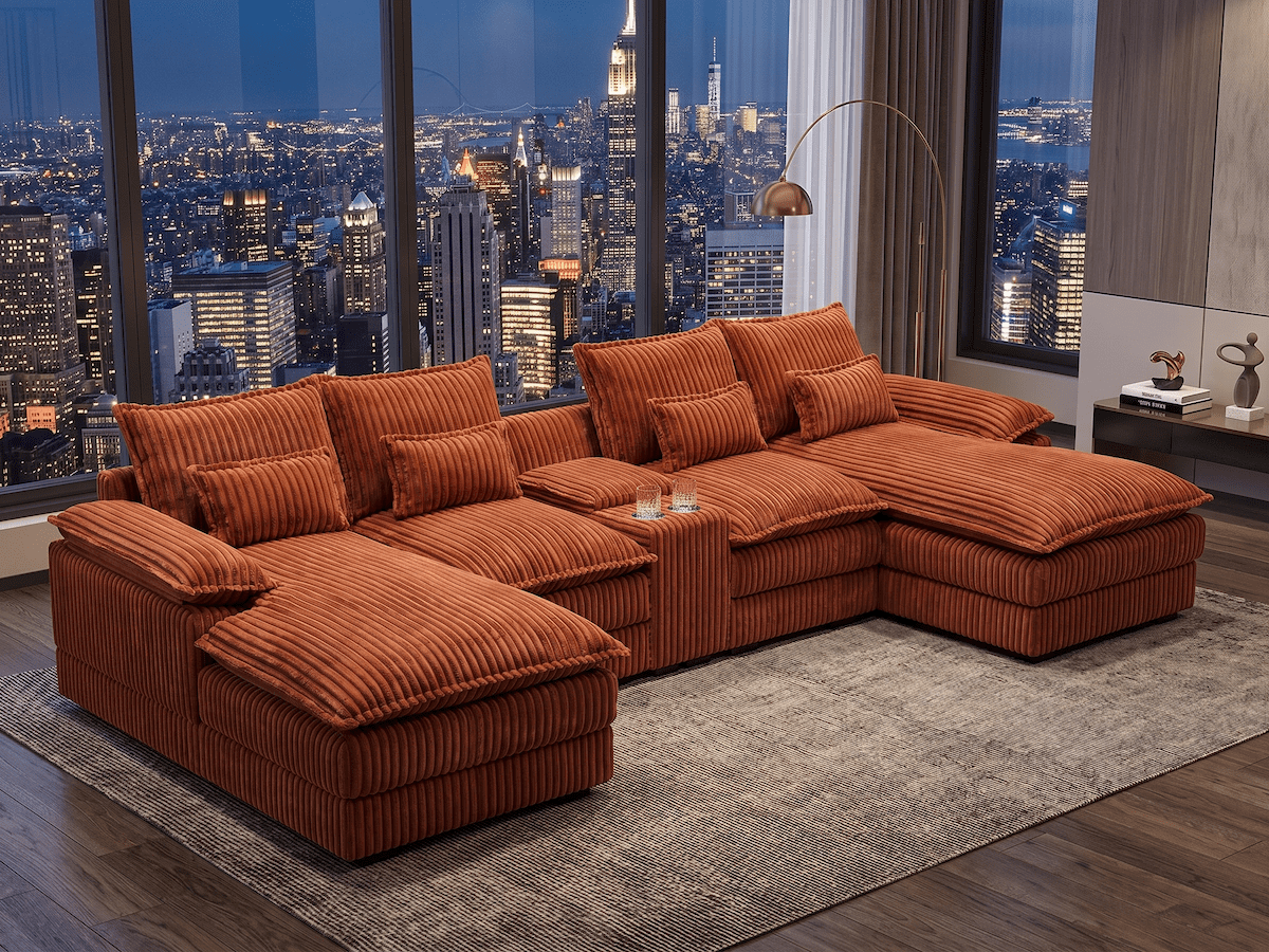 125" Oversized Cloud Couch Modular Sectional Sofa with Chaise, Deep Seat Sectional Couch with Center Console, USB Ports & Cup Holders, 6 Seater Comfy Upholstered Sofa for Living Room