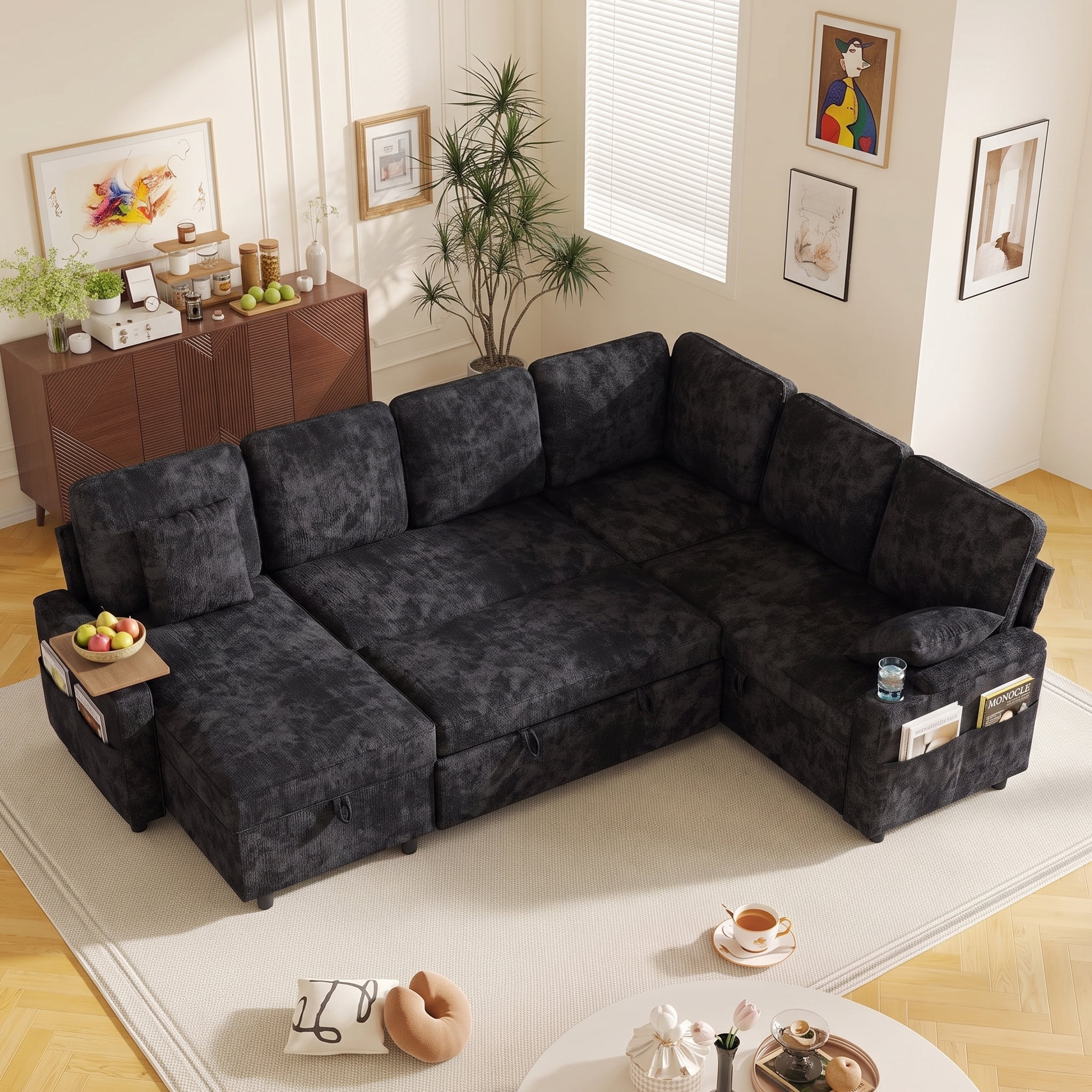 Xiweot 108" Modular Sectional Sleeper Sofa with Pull Out Couch, L Shaped Sofa Bed with Storage Chaise, Adjustable Backrest, USB Ports & Small Table, 7 Seaters Chenille Sofa for Living Room (Black)
