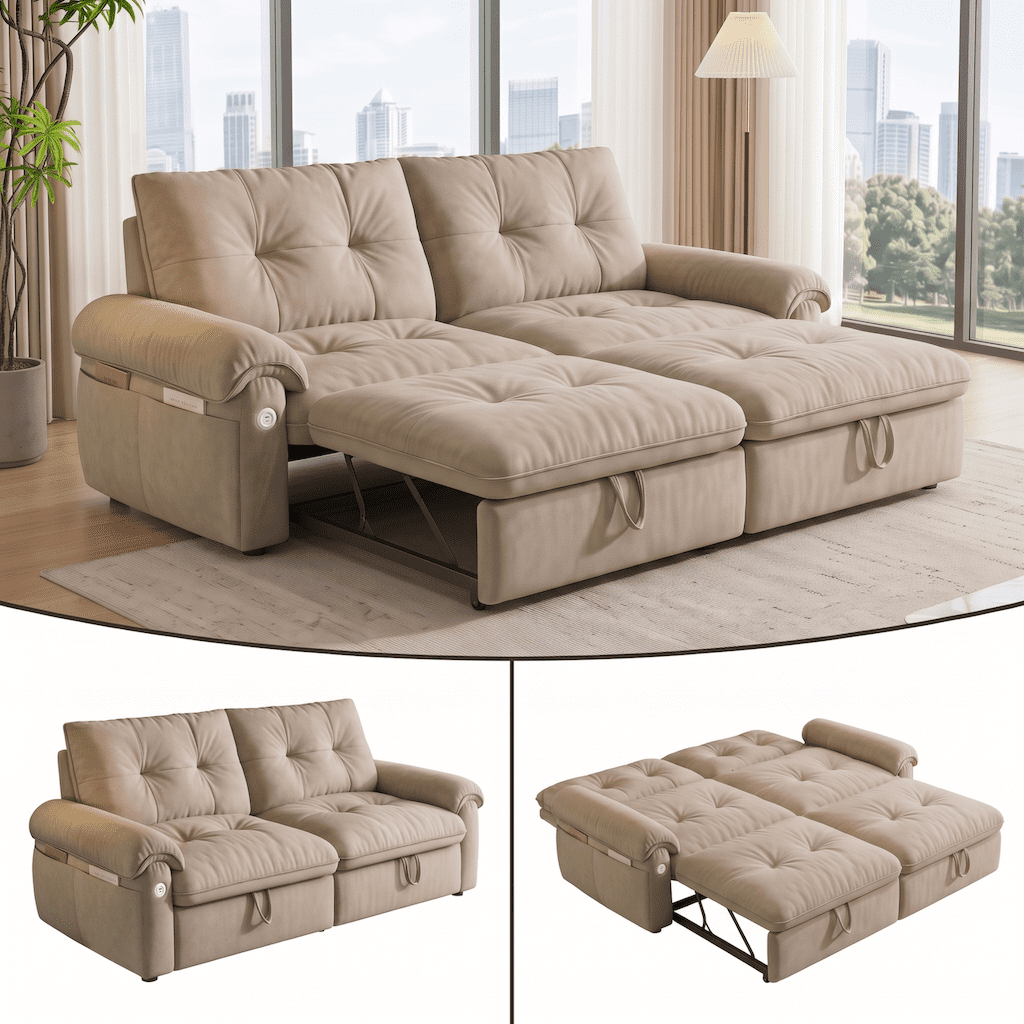 Xiweot Convertible Sleeper Sofa Bed, 77" Queen Size Pull Out Couch with Side Pocket, Adjustable Backrest & USB Ports, Comfy Velvet Loveseat for Living Room Apartment Small Space (Brown)