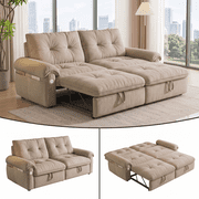 Xiweot Convertible Sleeper Sofa Bed, 77" Queen Size Pull Out Couch with Side Pocket, Adjustable Backrest & USB Ports, Comfy Velvet Loveseat for Living Room Apartment Small Space Brown