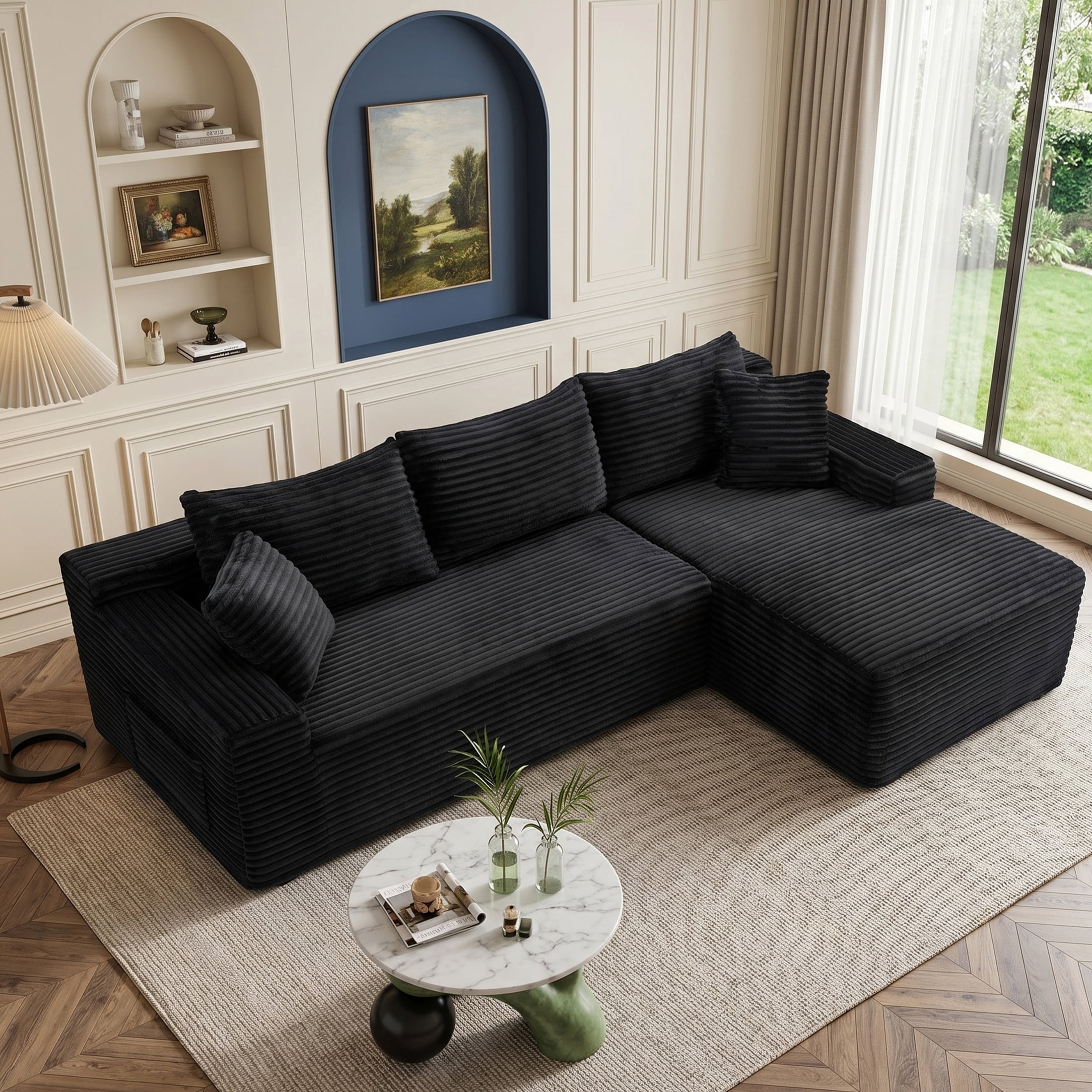 95" Cloud Sectional Boneless Couches for Living Room, Modular L Shaped Couch with Deep Seat Right Facing Chaise & Side Pockets, Corduroy Memory Foam 3 Seater Sofa for Apartment, No Assembly, Black