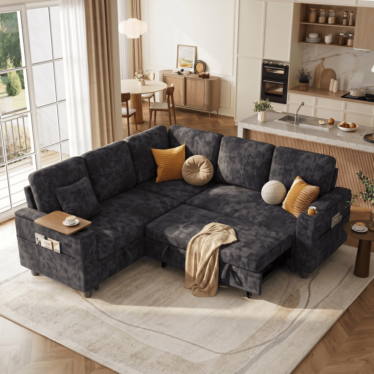 81'' Modular Sectional Sleeper Sofa with Pull Out Bed, L Shaped Sectional Couch with Storage Chaise, Charging Ports, Adjustable Backrest, Side Table, Chenille Sofa Bed for Living Room, Black