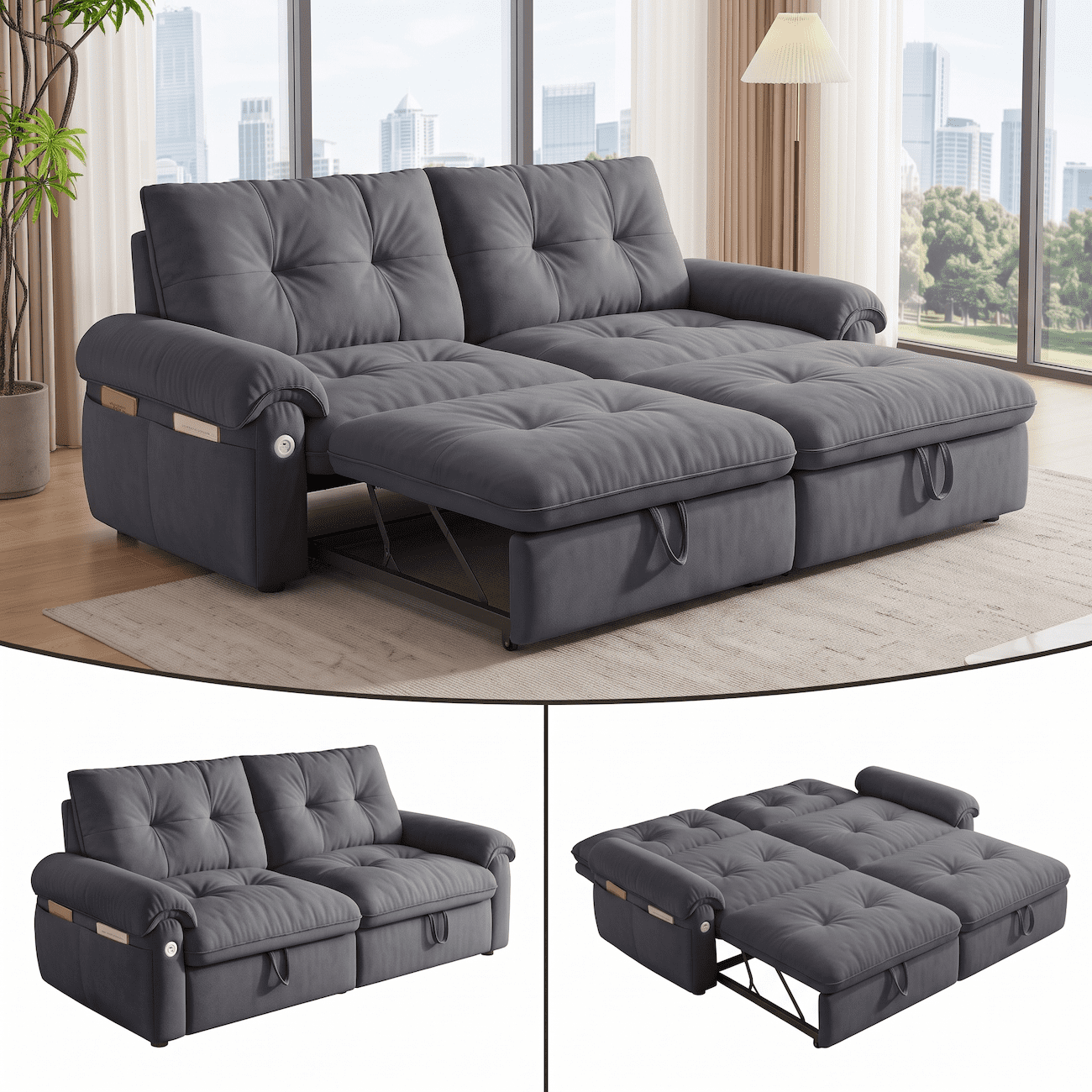Xiweot Convertible Sleeper Sofa Bed, 77" Queen Size Pull Out Couch with Side Pocket, Adjustable Backrest & USB Ports, Comfy Velvet Loveseat for Living Room Apartment Small Space (Gray)