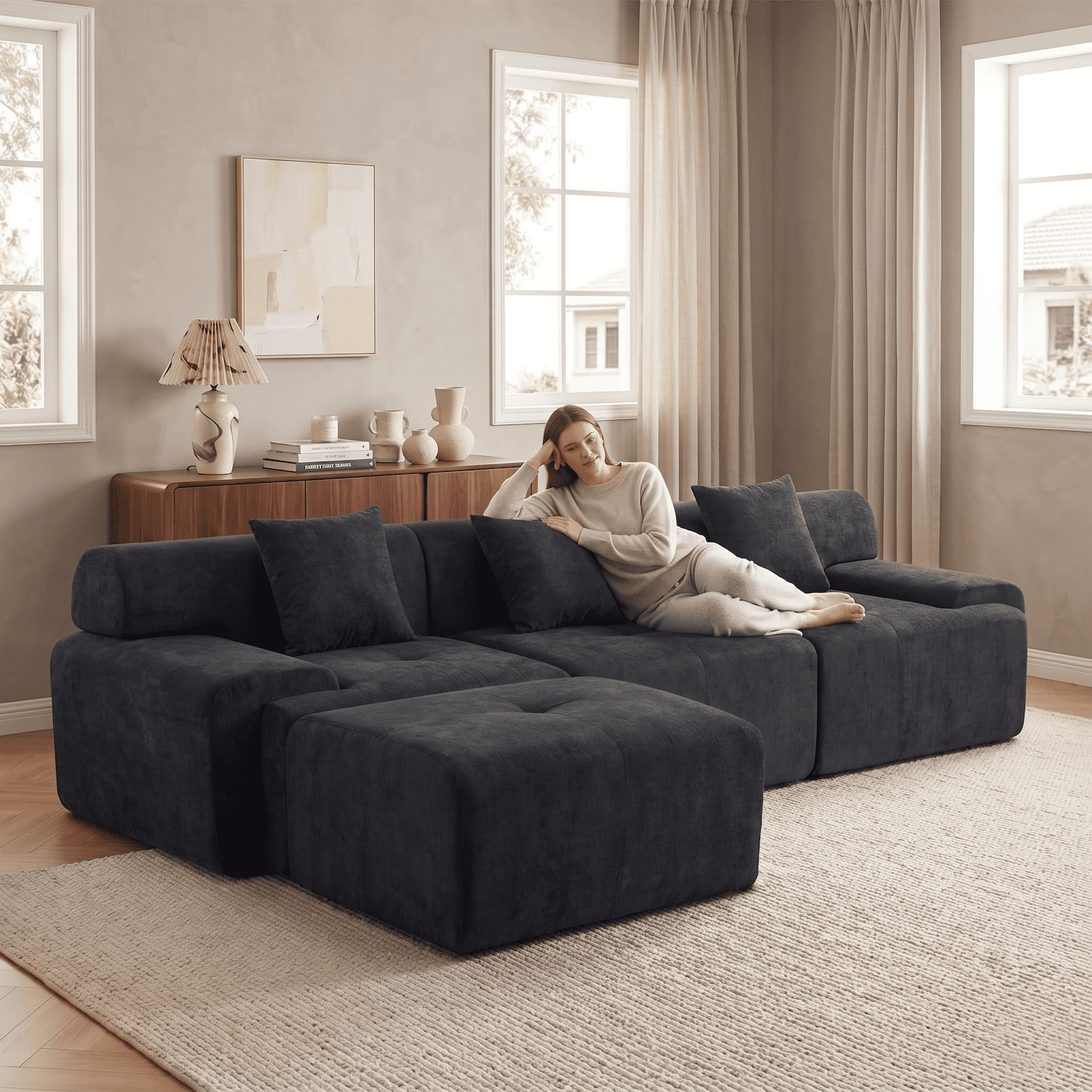 Xiweot Boneless Cloud Couch Sectional Sofa, Oversized Modular Sectional Couch for Living Room, Deep Seat Chenille Sofa with Ottoman, No Assembly Full Foam Comfy Couch for Apartment Bedroom (Black)