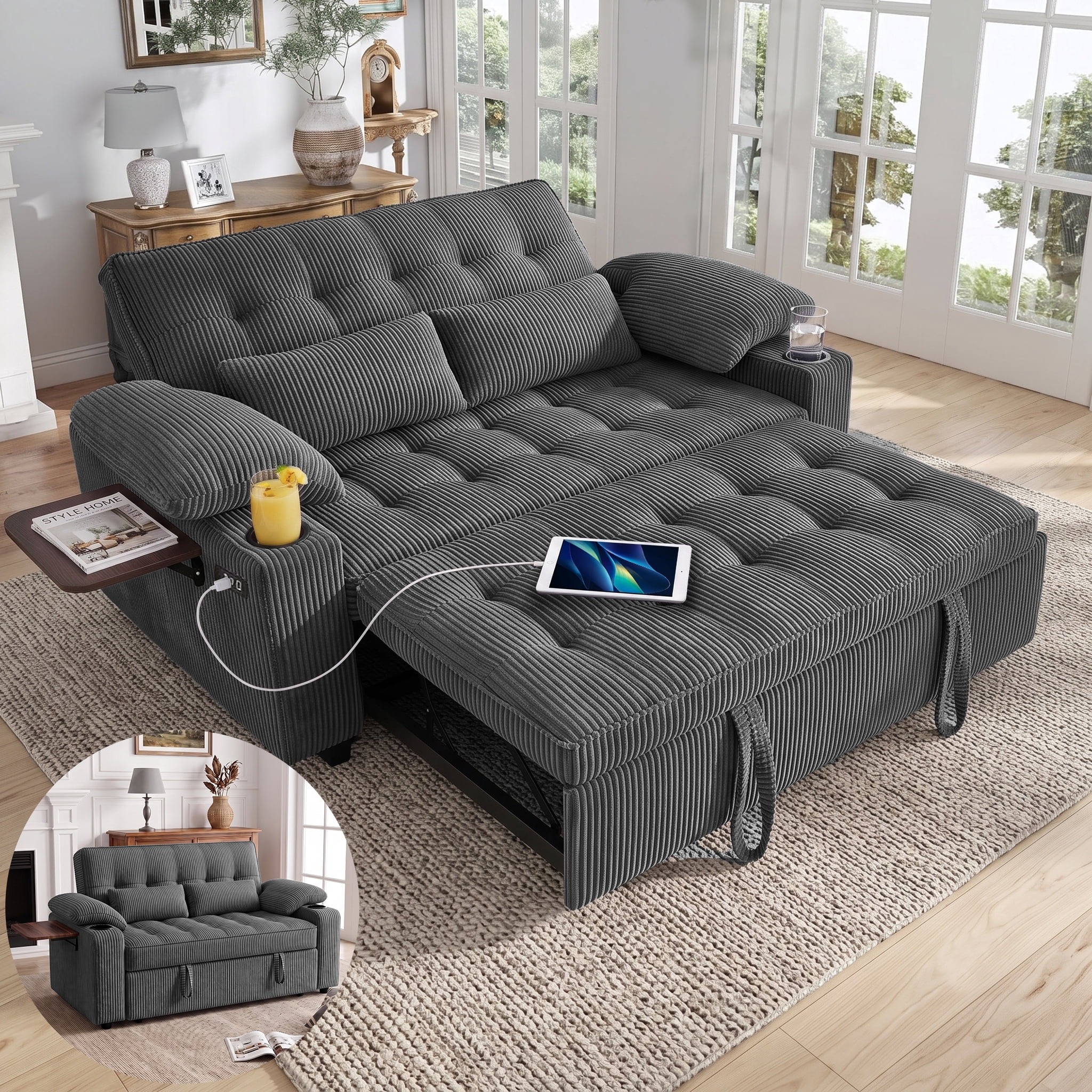 58" Sleeper Sofa Bed, Full Size Pull Out Couch, Convertible Corduroy Loveseat with USB Charging, Cup Holders, Side Table, Adjustable Backrest, Side Pockets for Living Room, Apartment, Office (Gray)