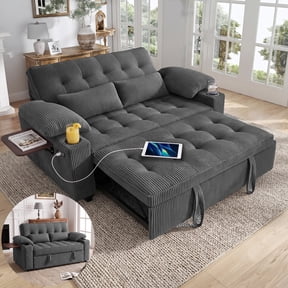 58" Sleeper Sofa Bed, Full Size Pull Out Couch, Convertible Corduroy Loveseat with USB Charging, Cup Holders, Side Table, Adjustable Backrest, Side Pockets for Living Room, Apartment, Office (Gray)