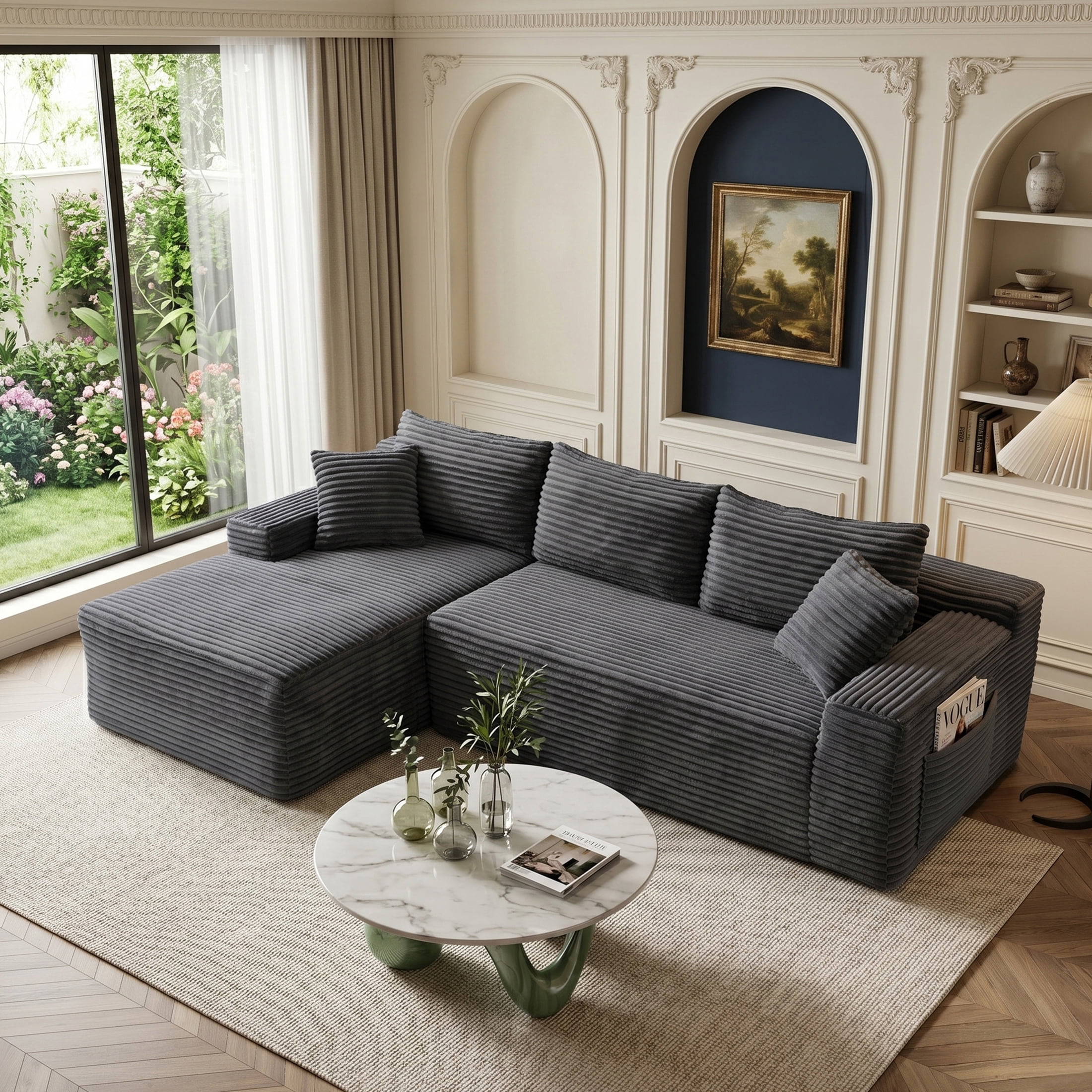 Xiweot 95" Modular Cloud Couch Sectional Sofa for Living Room, Modern Corduroy Boneless Couch with Side Pockets, Upholstered Deep Seat L Shape Sofas, No Assembly Required, Gray