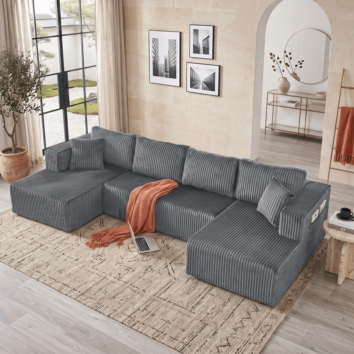 132" Cloud Couch Modular Sectional Sofa, U Shaped Sleeper Sofa Bed, Oversized Chaise, Reversible Corduroy Modular Couch for Living Room, Apartment, No Assembly (Dark Gray)