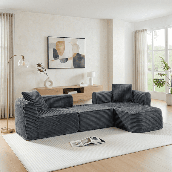 114" Modular Sectional Sofa with Movable Ottomans, Modern L-Shape Sofa Corduroy Deep Seat Couches for Living Room, Apartment, Office, 3-Seat Boneless Couches, No Assembly (Gray)