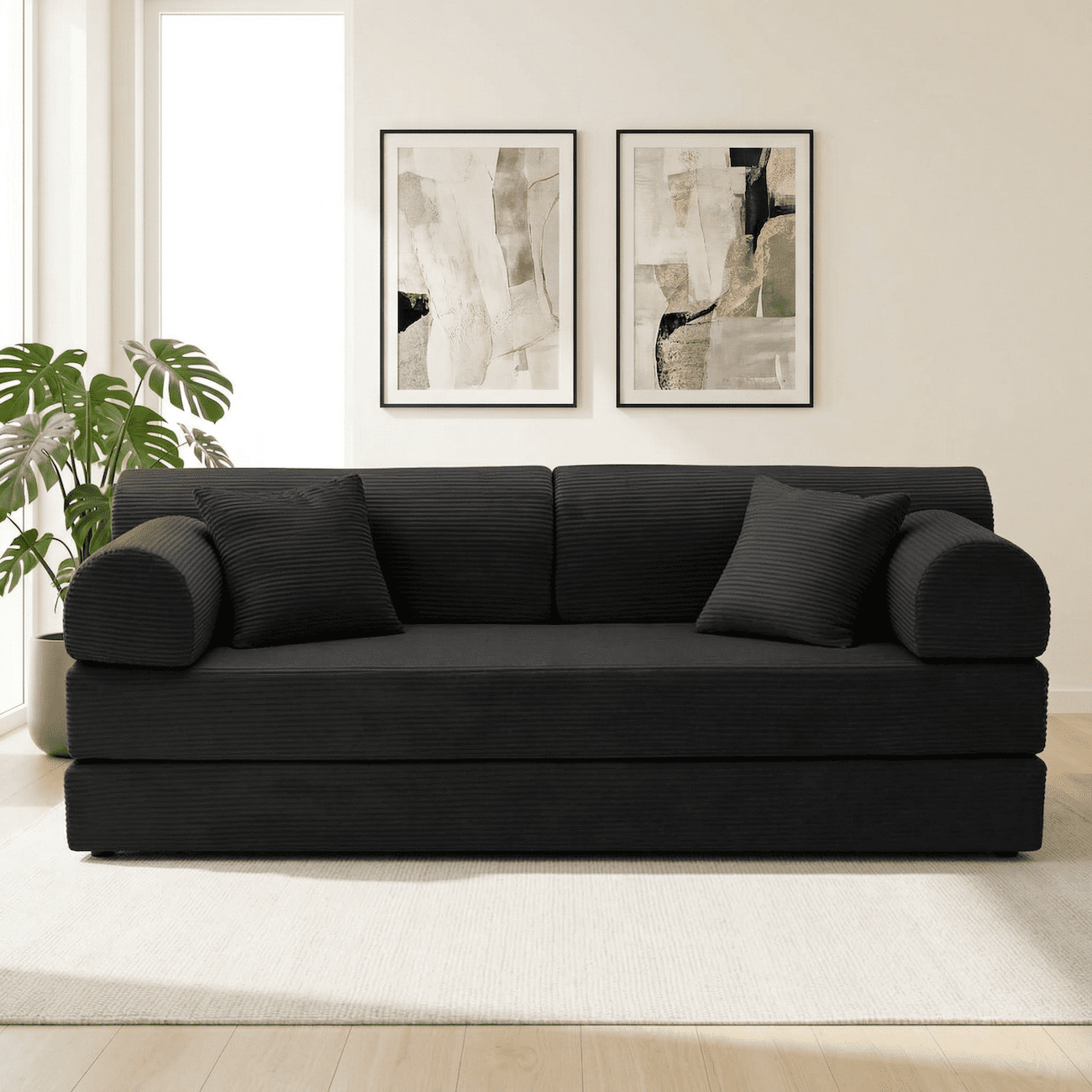 Futon Sofa Bed, 4‑in‑1 Convertible Sofa Bed, Folding Boneless Couches for Living Room, Modular Corduroy Sleeper Loveseat with Pull-Out Bed, No Assembly, Small Space Apartment Couch (Black)