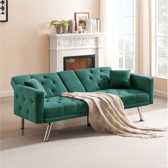 Convertible Sleeper Sofa Bed,Modern Sectional Couch Recliner Bed with Adjustable Backrest, Reversible Loveseat Daybed,Folding Lounge Couch with 2 Cup Holders for Living Room Office,Dark green