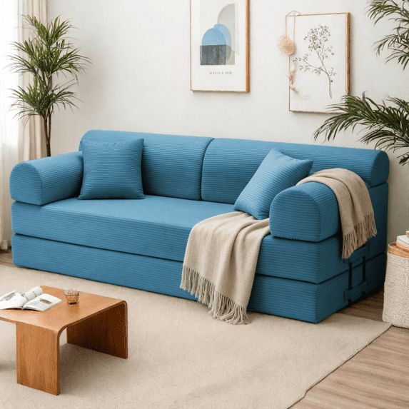 Convertible Sleeper Sofa Bed with Pillow, Corduroy Folding Mattress Couch for Living Room, Floor Lounge Sofa with Fixed-Shape Frame for Small Apartments, Sky Blue