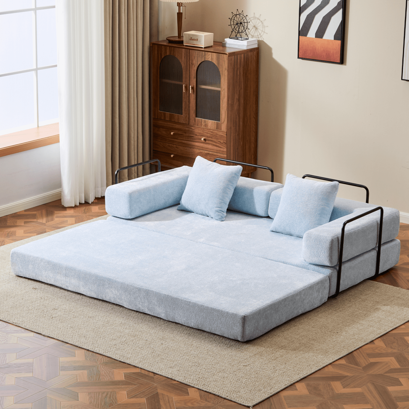 Convertible Sleeper Sofa Bed with Pillows, Chenille Folding Mattress Couch with Fixed-Shape Frame, Floor Sofa Bed Couch for Living Room Bedroom Lounge,Light Blue+Chenille